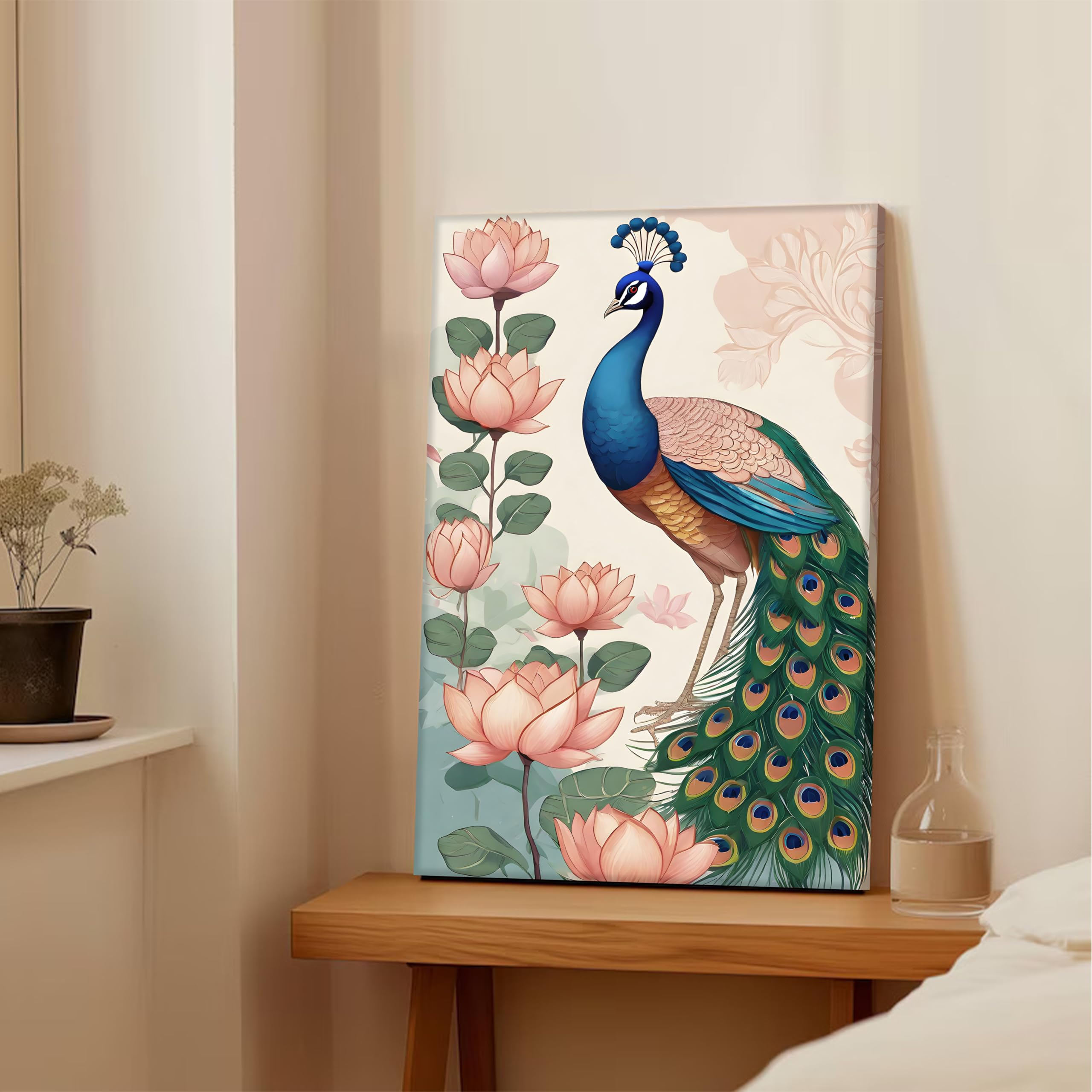 Paintingmantra Portrait Stretched Canvas Peacock Lotus Beautiful Wall Art Print Dcor | Printed On Canvas Stretched On Wood | Sui