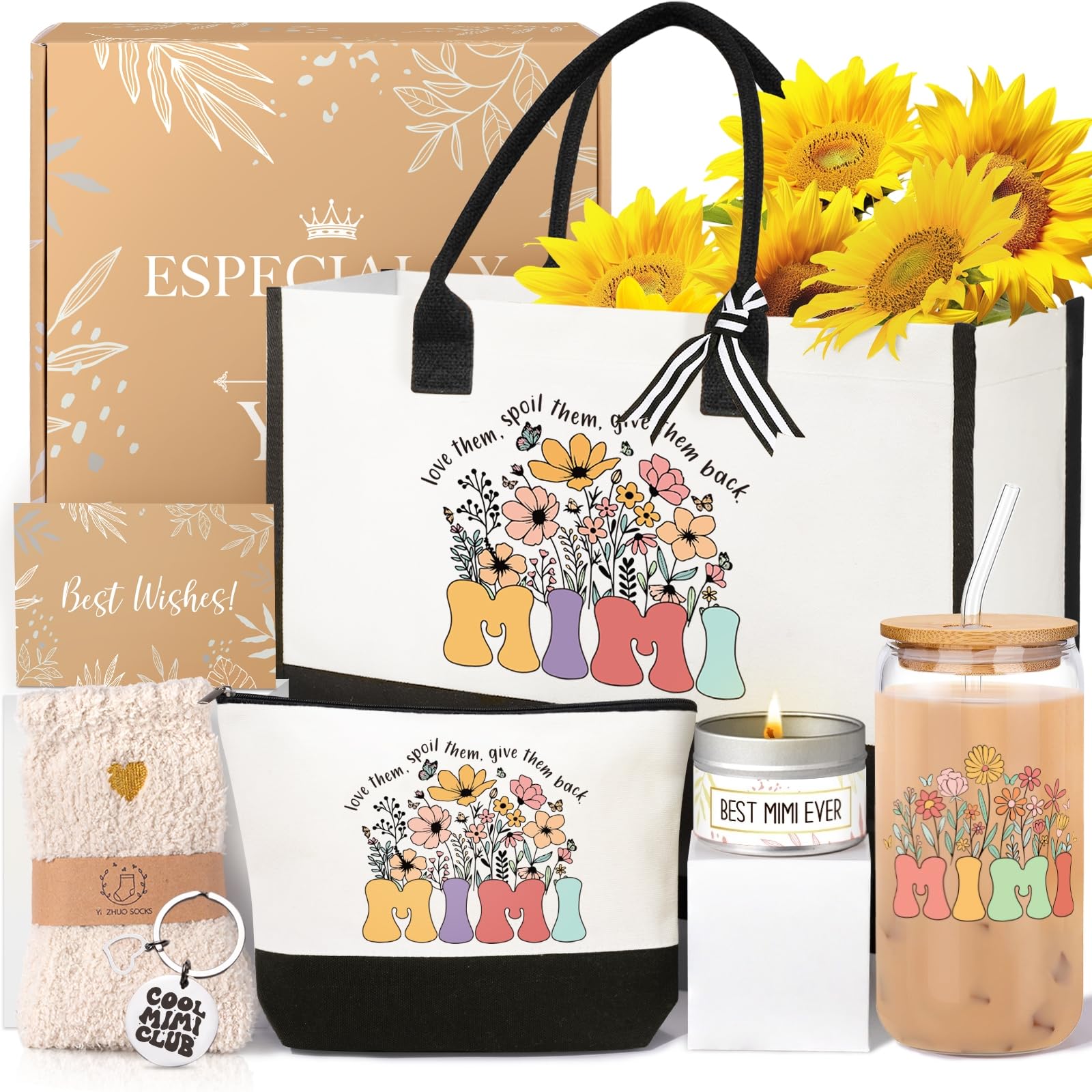 iAOVUEBY Mimi Gifts for Women Birthday Mothers Day Gifts Set from Granddaughter Grandson Grandchildren, 16 Oz Glass Cup Canvas T