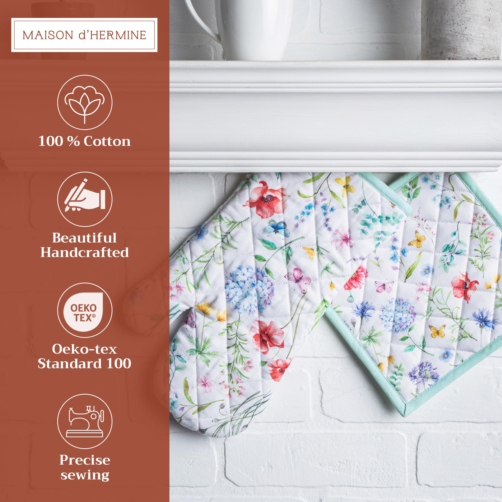 Maison d' Hermine Oven Mitt + Pot Holder 100% Cotton Heat Resistant Kitchen Oven Mitt (7.5''x13'') & Pot Holder (8''x8'') for Gifts  Chef  Cooking  BBQ Baking  Just Floral - Spring/Summer