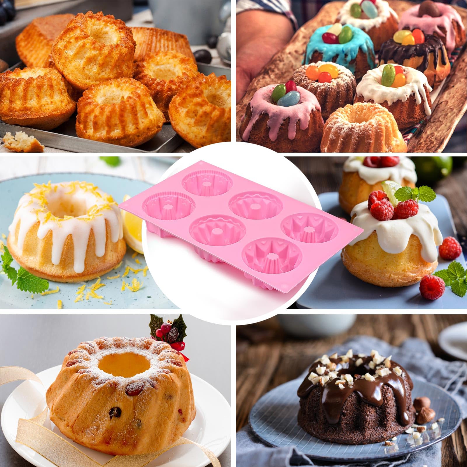 HUAKENER Mini Fluted Cake Pan Set - 6-Cavity Non-Stick Silicone Mold for Cupcakes, Donuts, Brownies - Large, Color B