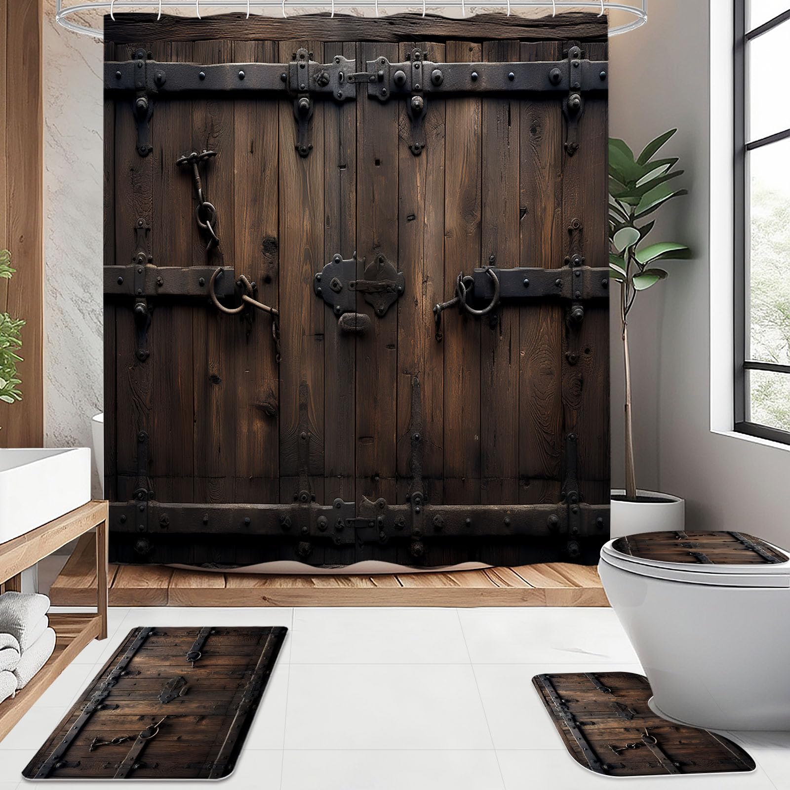 Litabel 4 Pcs Vintage Wooden Door Shower Curtain Set With Non-Slip Rugs, Toilet Lid Cover And Bath Mat, Farmhouse Bathroom Decor