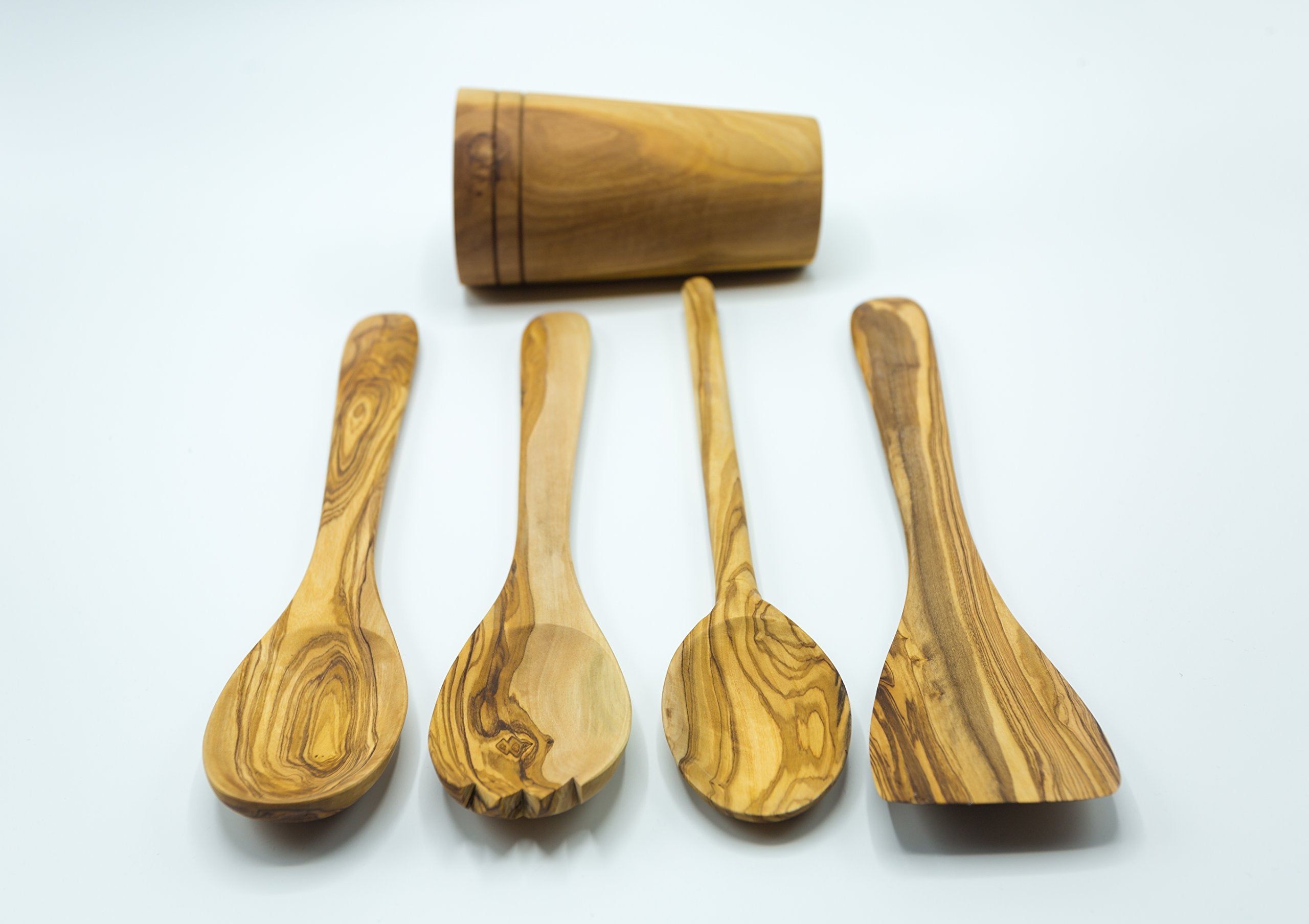 Olive Wood 5-Piece Wooden Cooking Utensil Set - Includes Holder With Spatula, Cooking/Mixing Spoon, Salad Spoon And Fork - Handc