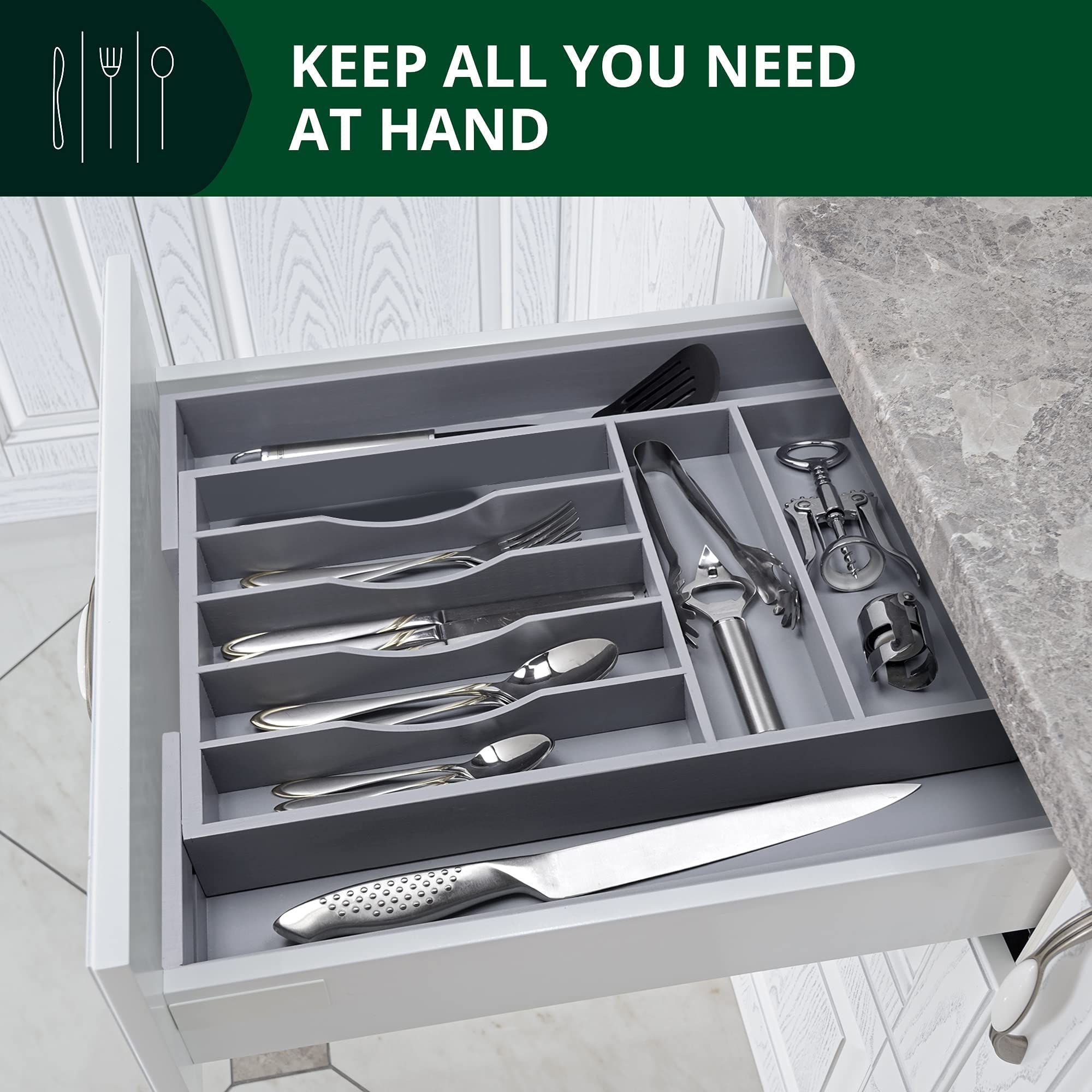 Royal Craft Wood Luxury Bamboo Caddy Kitchen Drawer And Silverware Organizer, Utensil Holder And Cutlery Tray With Grooved Drawe
