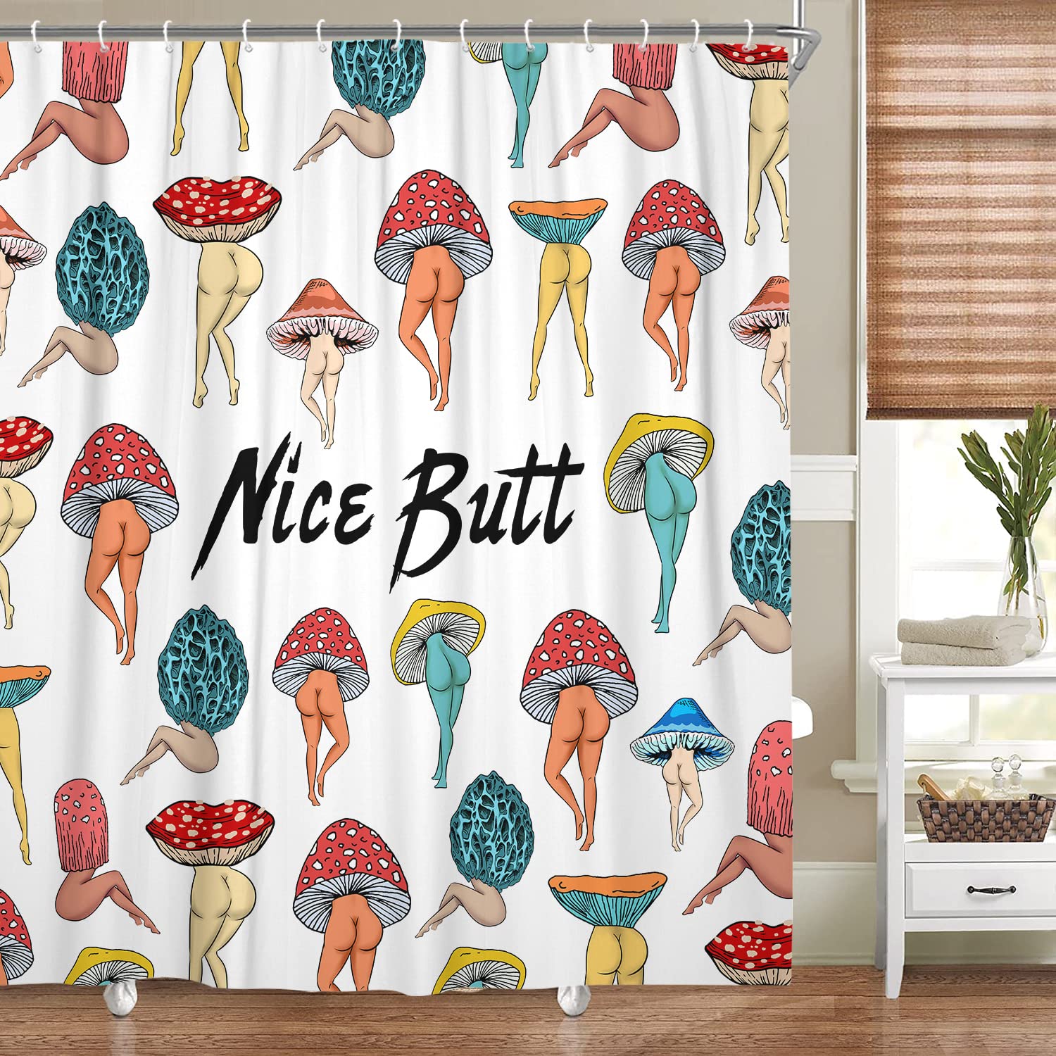 Funny Mushroom Butt Shower Curtain, Fun Cute Sexy Butt 70S 80S Fabric Funky Shower Curtains For Bathroom Hippie Psychedelic Aest