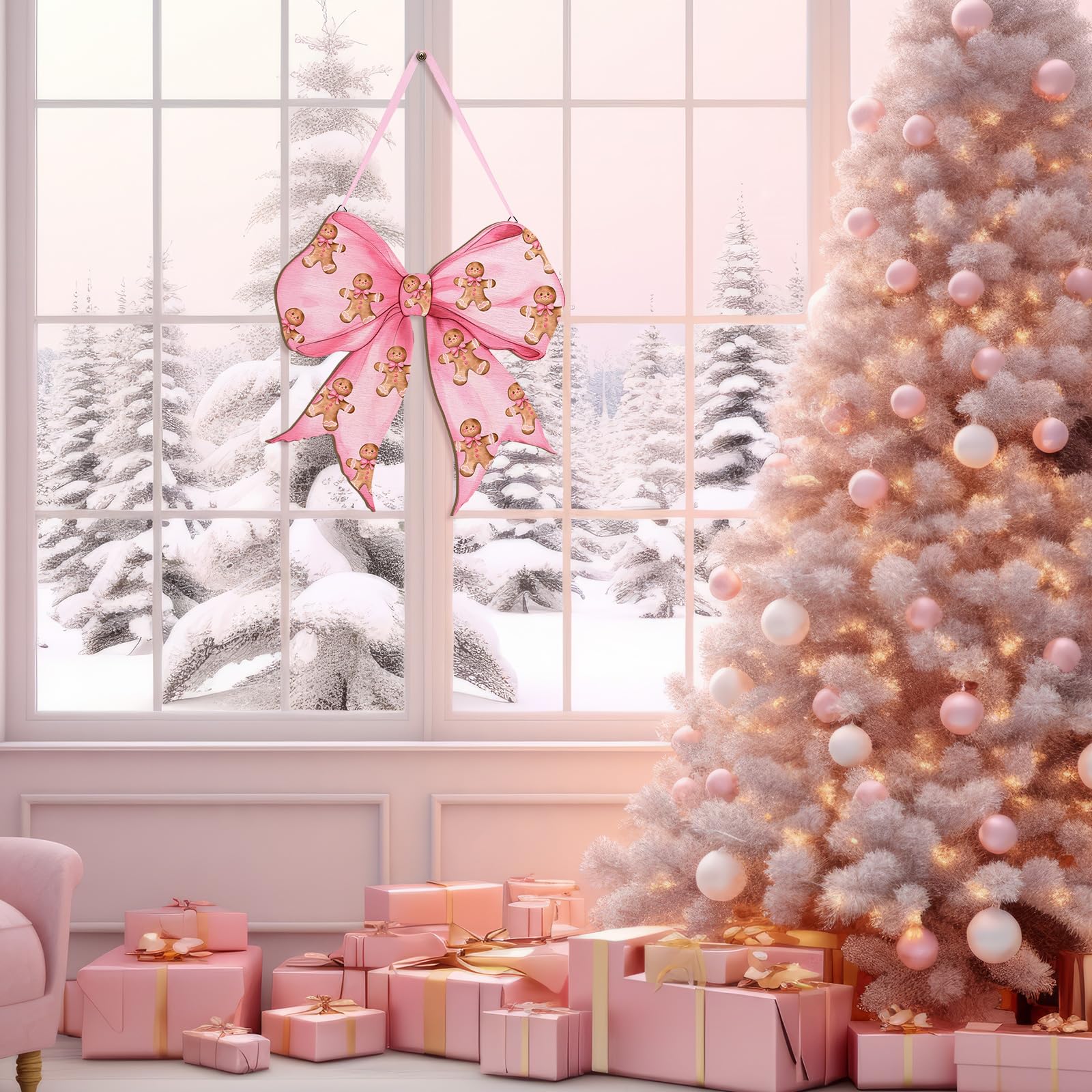 RattanView Pink Christmas Gingerbread Man Coquette Bows Wooden Hanging Sign Cute Preppy Aesthetic Wall Art Bowknot Welcome Door