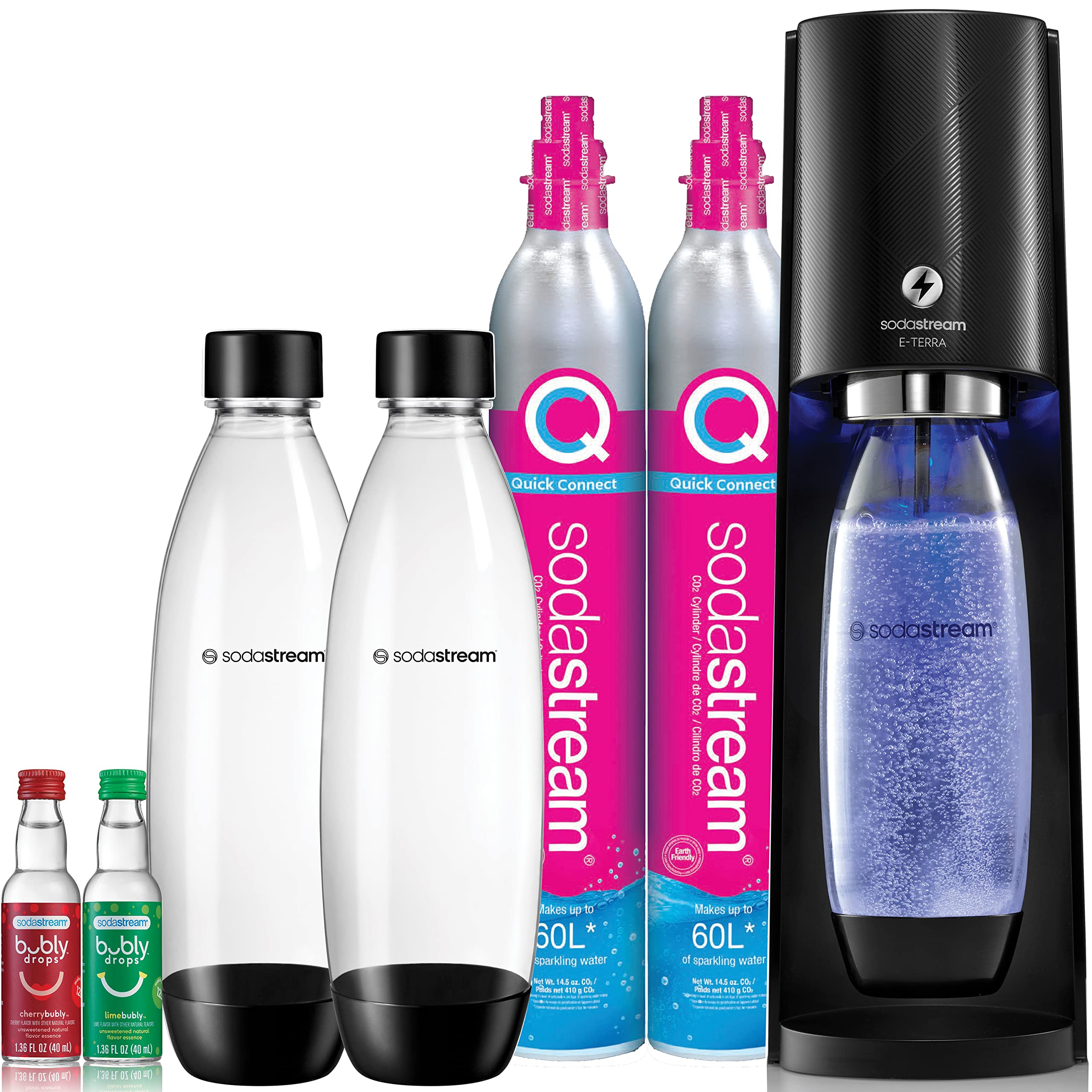 Sodastream E-Terra Sparkling Water Maker Bundle (Black), With Co2, Carbonating Bottles, And Bubly Drops Flavors