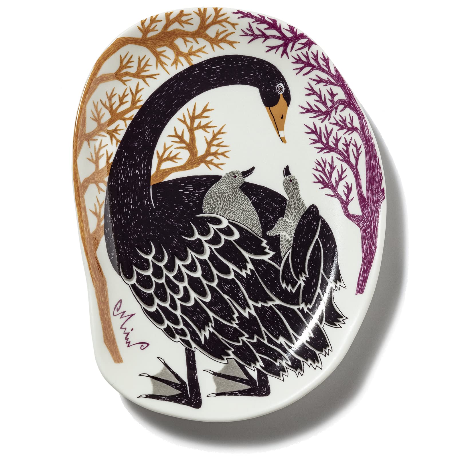 Kusubashi Crest Ori Morita MiW M-68386-00-2 Small Plate, Black Bird on the Lake, Made in Japan