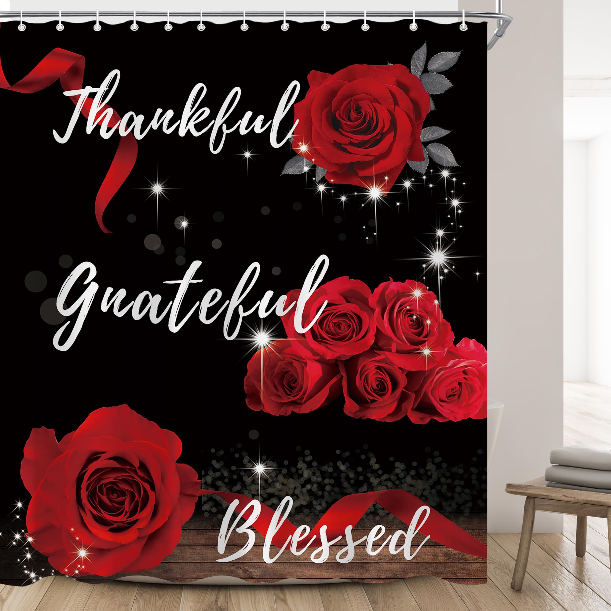 Oolygoo Red Rose Shower Curtain 60''X72'' Inspirational Thankful Grateful Blessed Shower Curtain Set For Bathroom Flower Wooden