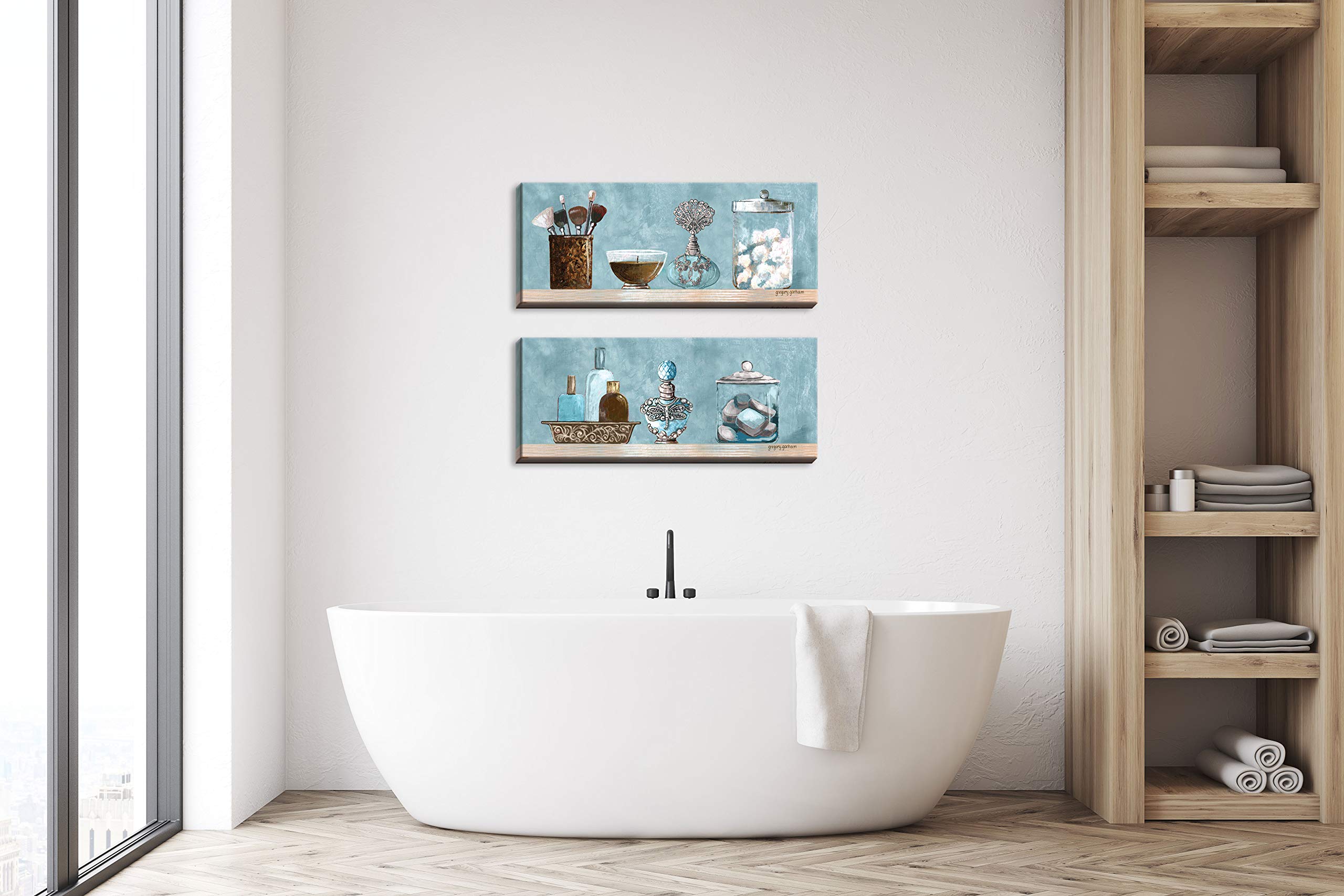 Powder Blue Bathroom Scenes Panels, Two 18X6 Hand-Stretched Canvas. Blue/Brown