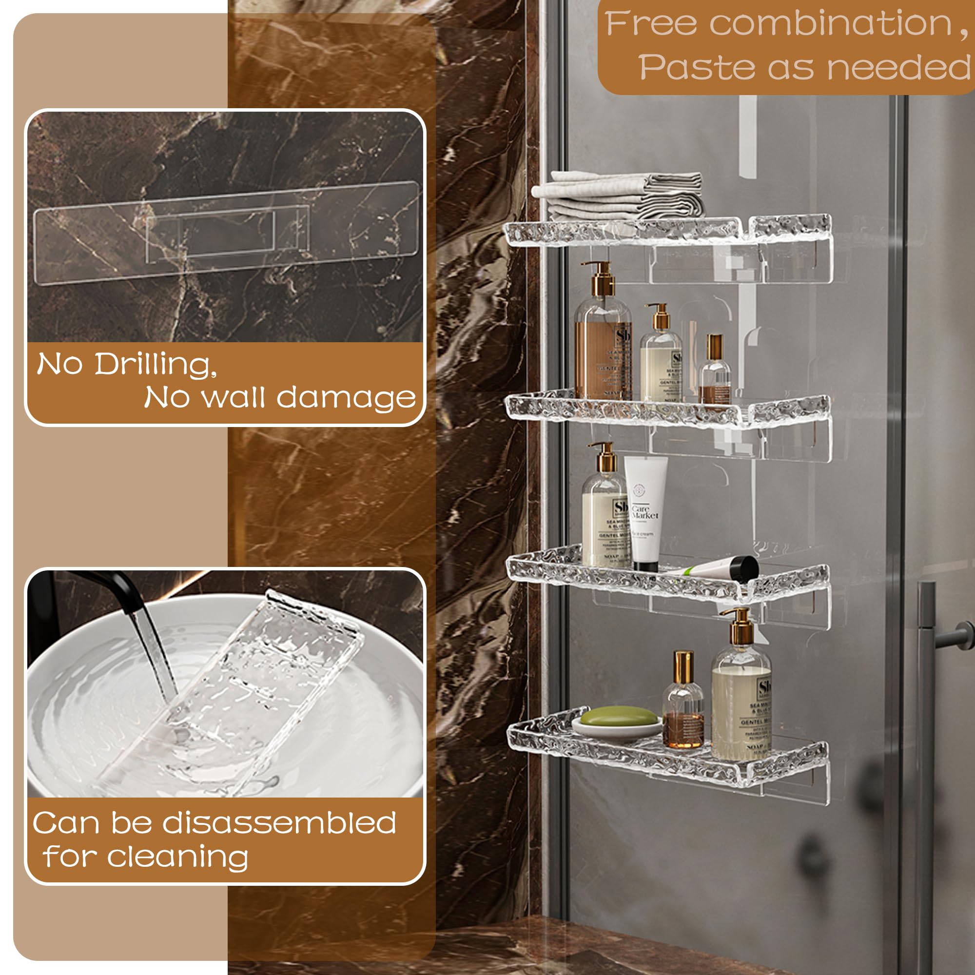 Yiezi Shower Storage Shelf, Wall Floating Shelf, Clear Wall Mounted Storage Shelf For Bathroom Storage And More Acrylic No Drill