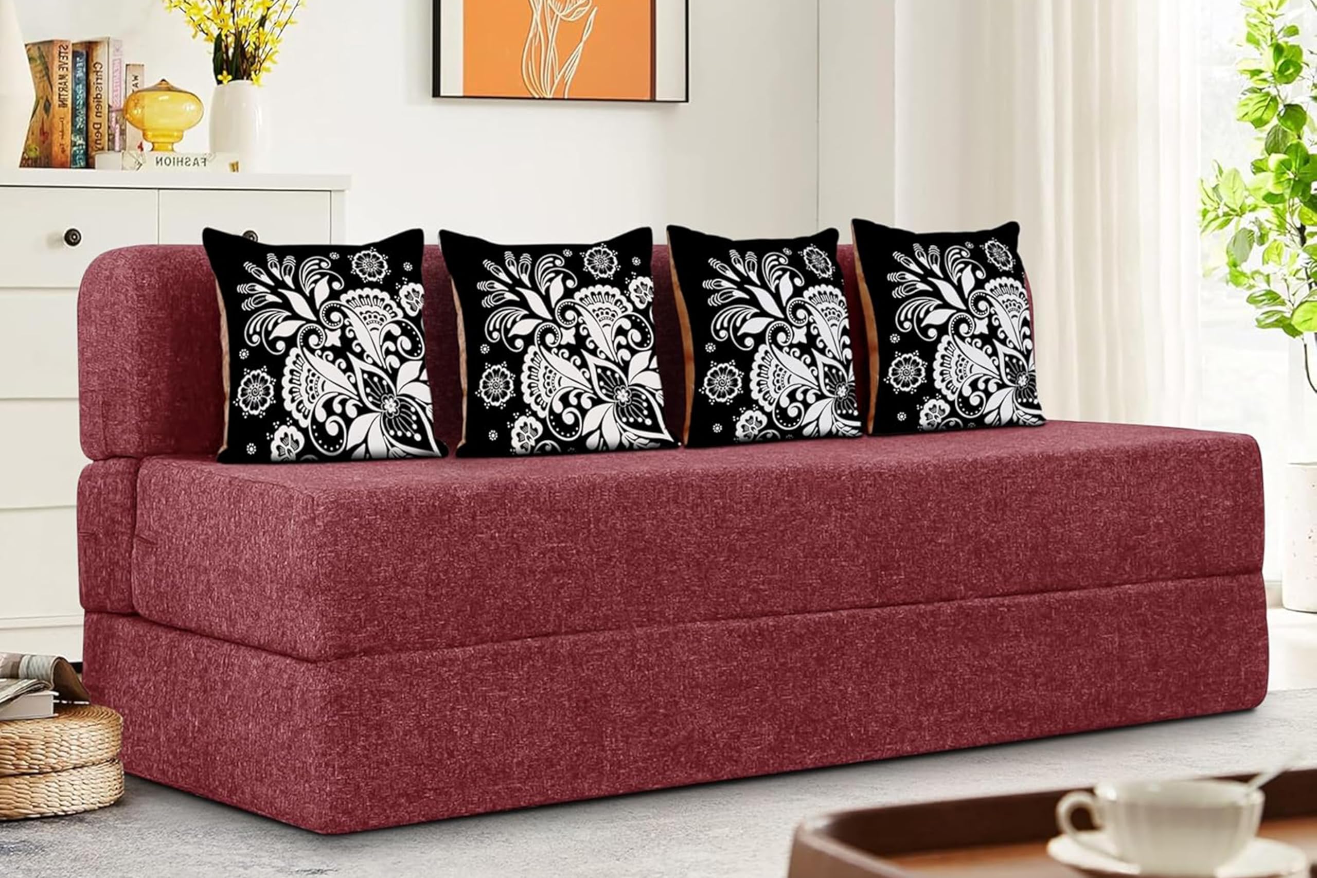 Rosebell 3 Seater Sofa Cum Bed | Jute Fabric Washable Cover | With Cushions Perfect For Guest | Red | 6 X 6 Feet
