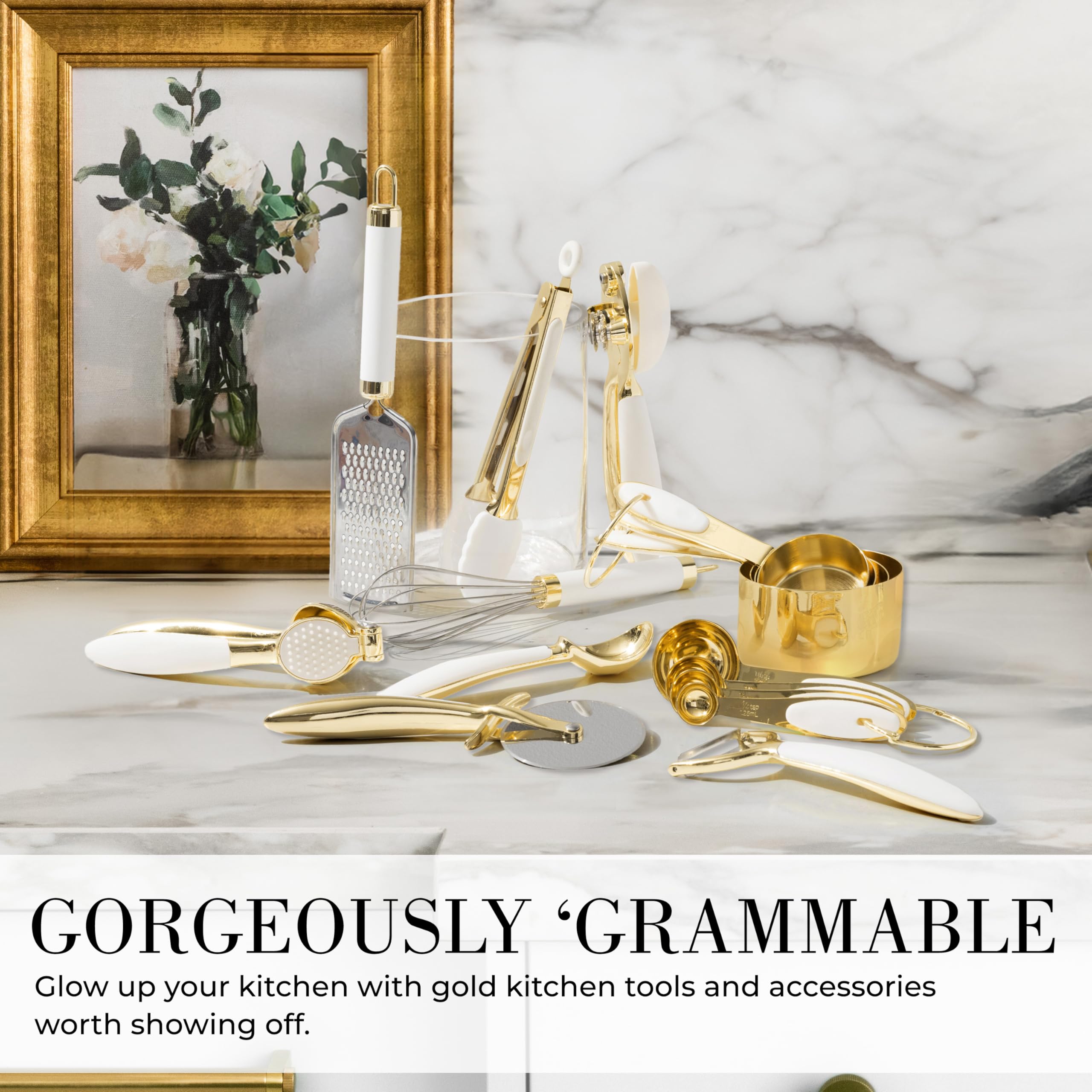 White & Gold Kitchen Tools And Gadgets - Luxe 8Pc Cooking Tools And Gadgets With Anti-Slip Handles, Gold Utensils Set, Gold Kitc