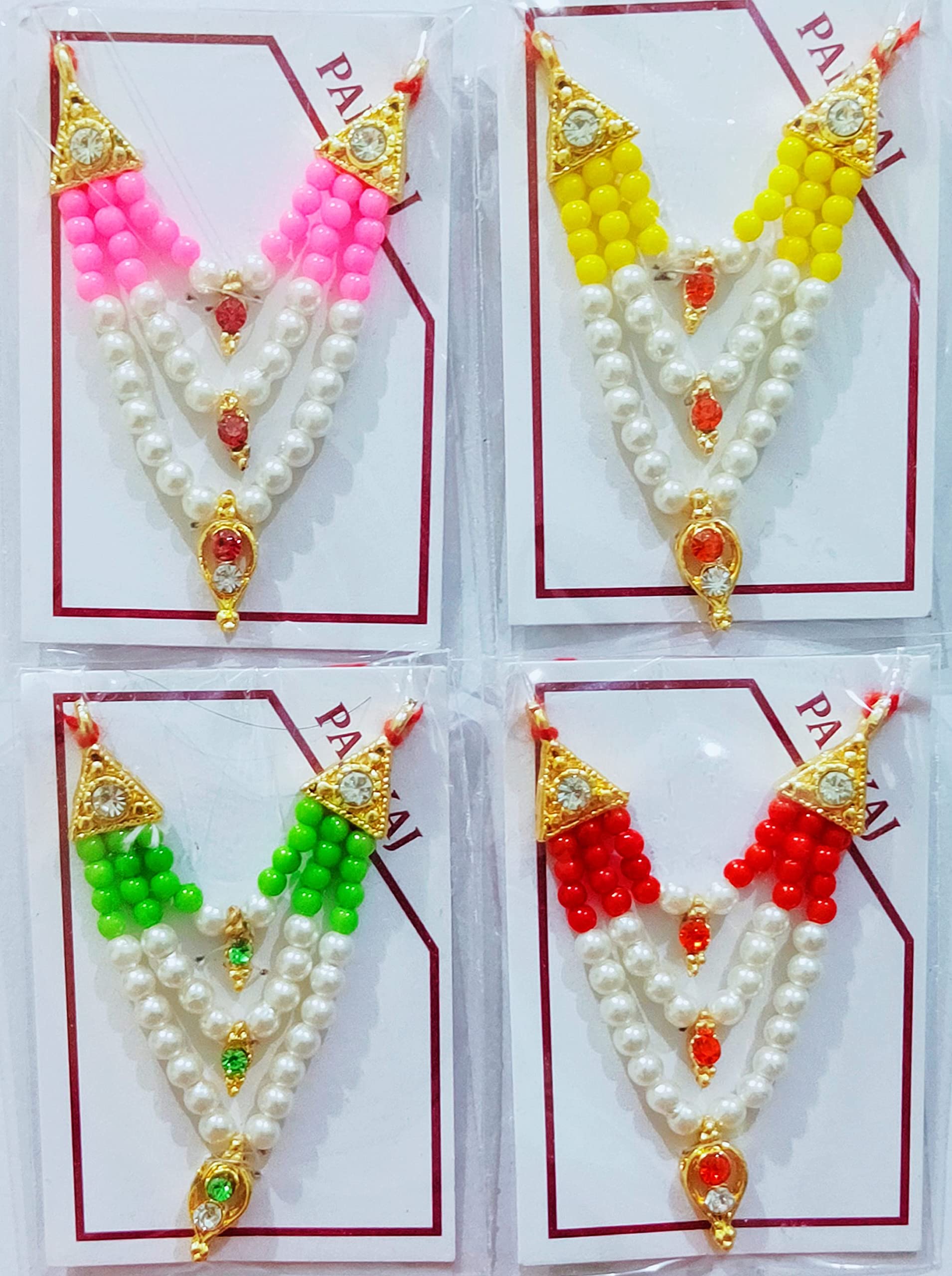 Brij Sugandha 3 Line Moti Mala  Set of 4 White & Colorful Small Pearl Malas [ Random Color ] for Laddu Gopal, Devi Maa, Radha Kr