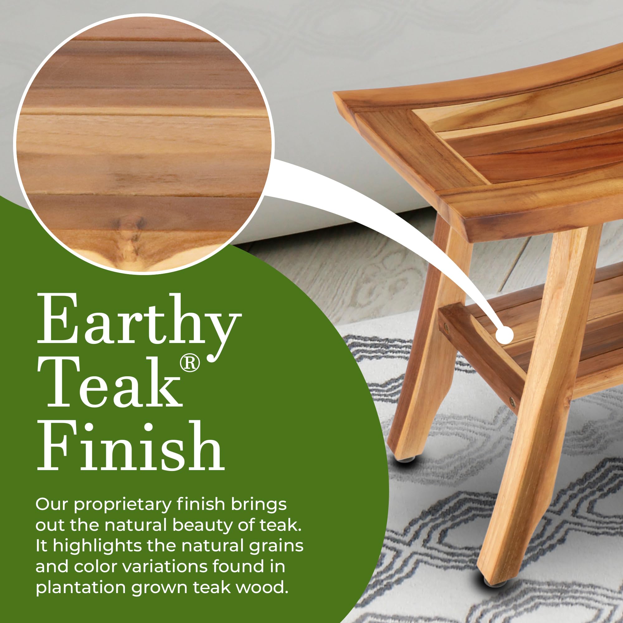 Ecodecors, Satori, 18'', Teak Shower Bench, Teak Shower Stool, Teak Shower Seat, Shower Storage Shelf, Bathroom Storage, Shower