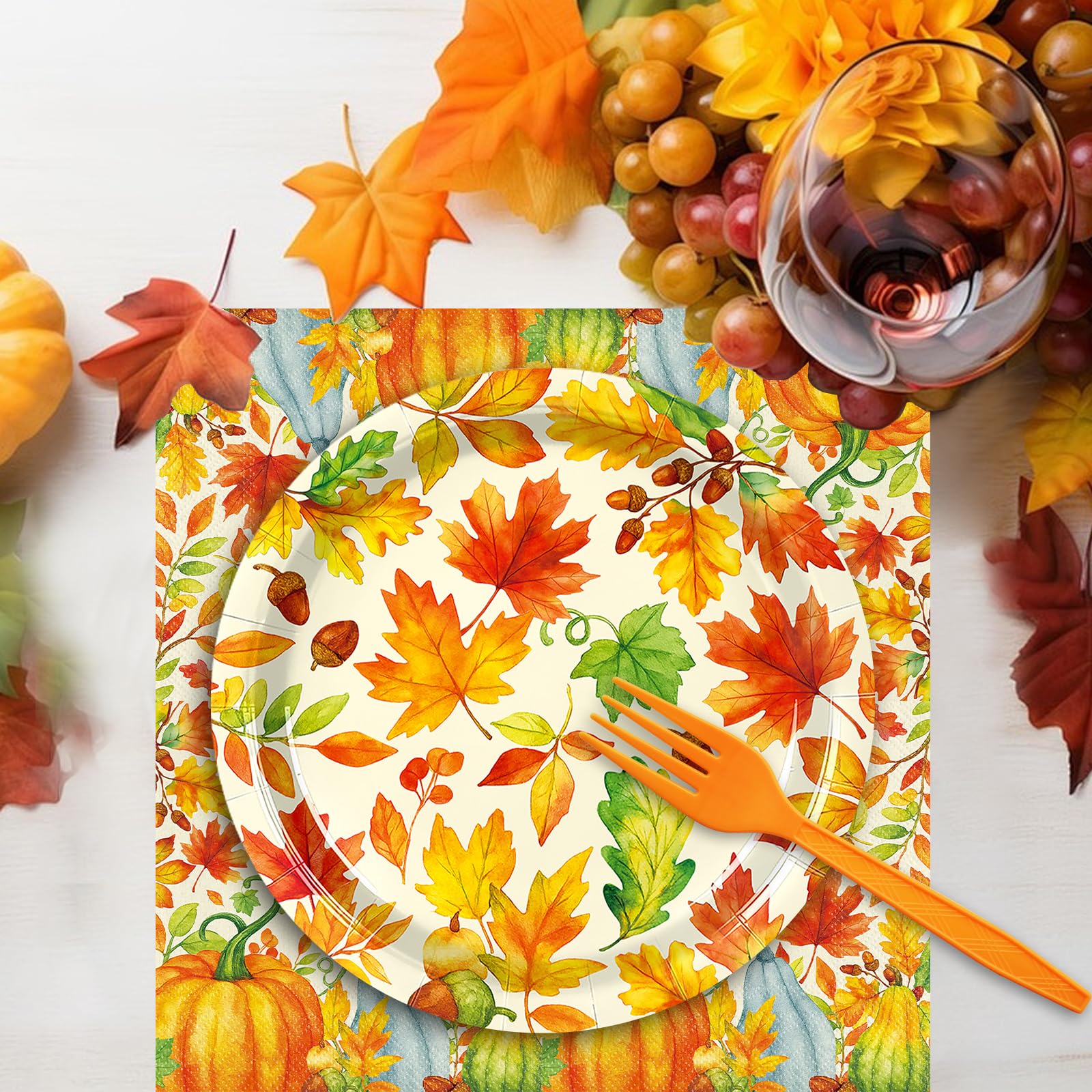 Temicle 96 Pieces Fall Thanksgiving Tableware Set - Pumpkin and Autumn Leaves Disposable Plates, Napkins, and Forks Party Suppli