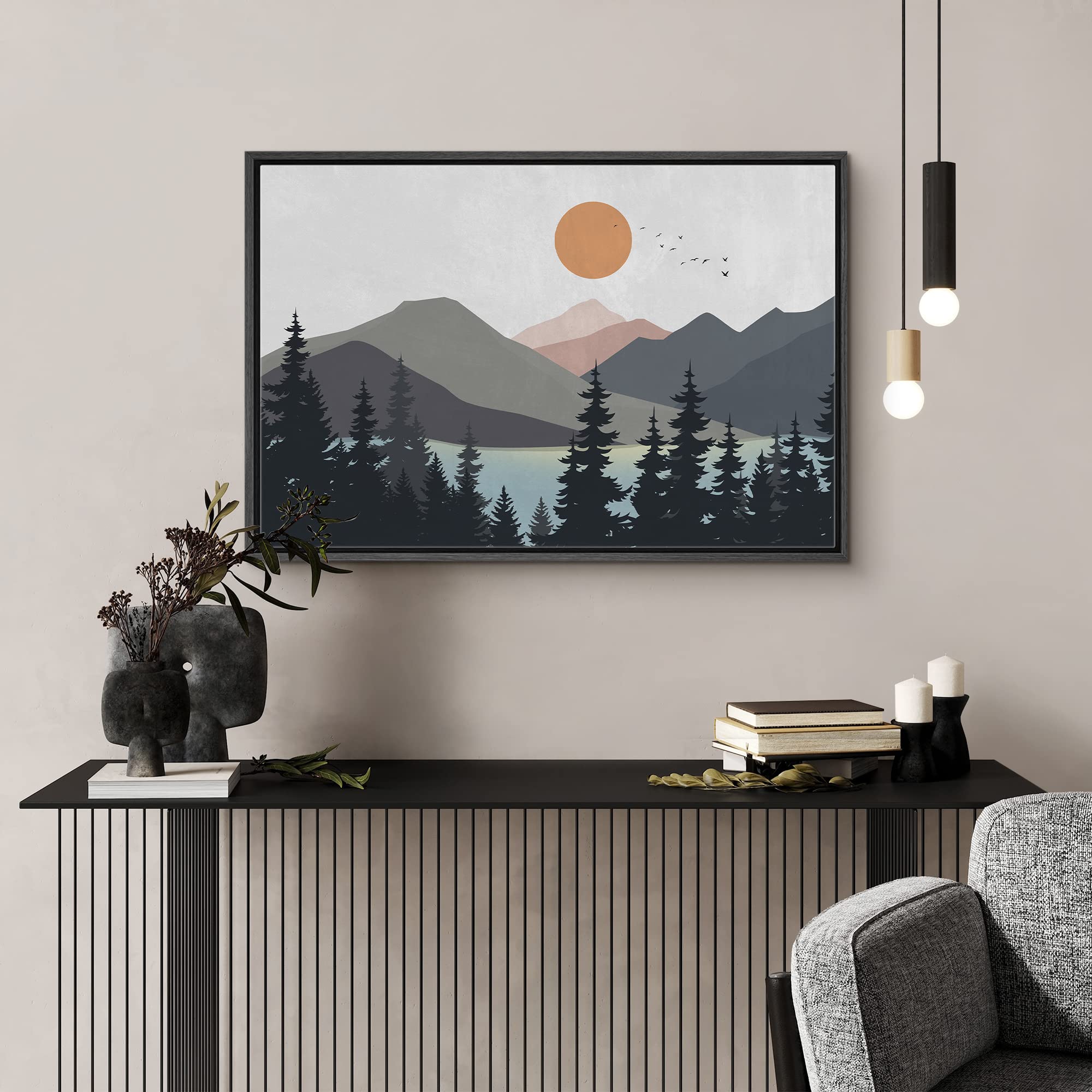 Signford Framed Canvas Print Wall Art Woodland Nursery Decor Pastel Mountain Pine Tree Lake Nature Wilderness Modern Art Decorat