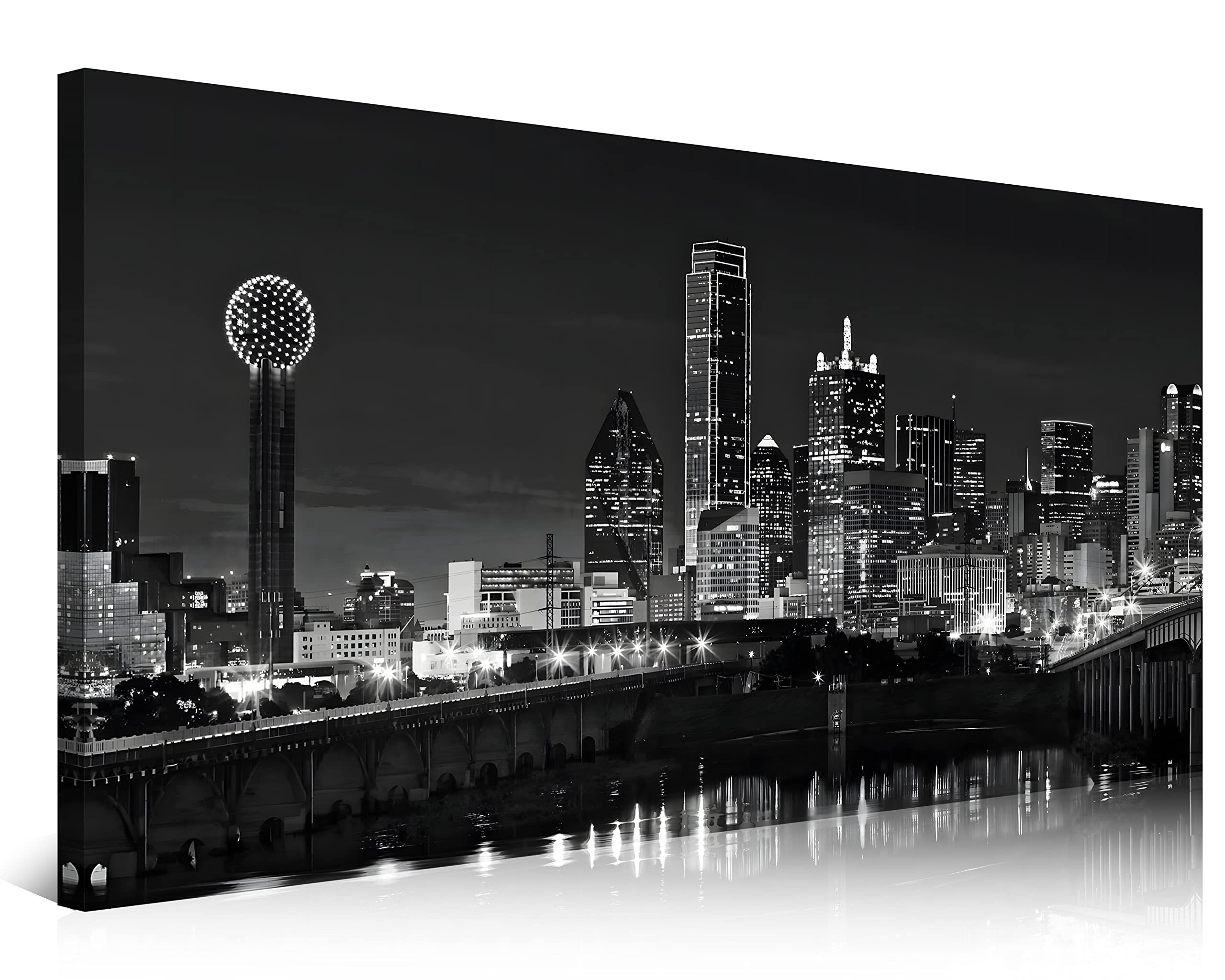 Nan Wind 1 Pcs Dallas Skyline Canvas Wall Art Black White Cityscape Night Scene Modern City Giclee Prints On Canvas Framed Urban