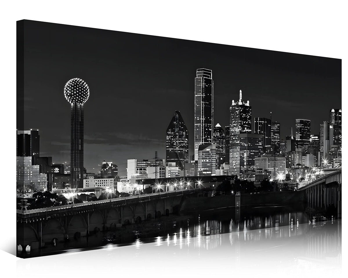Nan Wind 1 Pcs Dallas Skyline Canvas Wall Art Black White Cityscape Night Scene Modern City Giclee Prints On Canvas Framed Urban