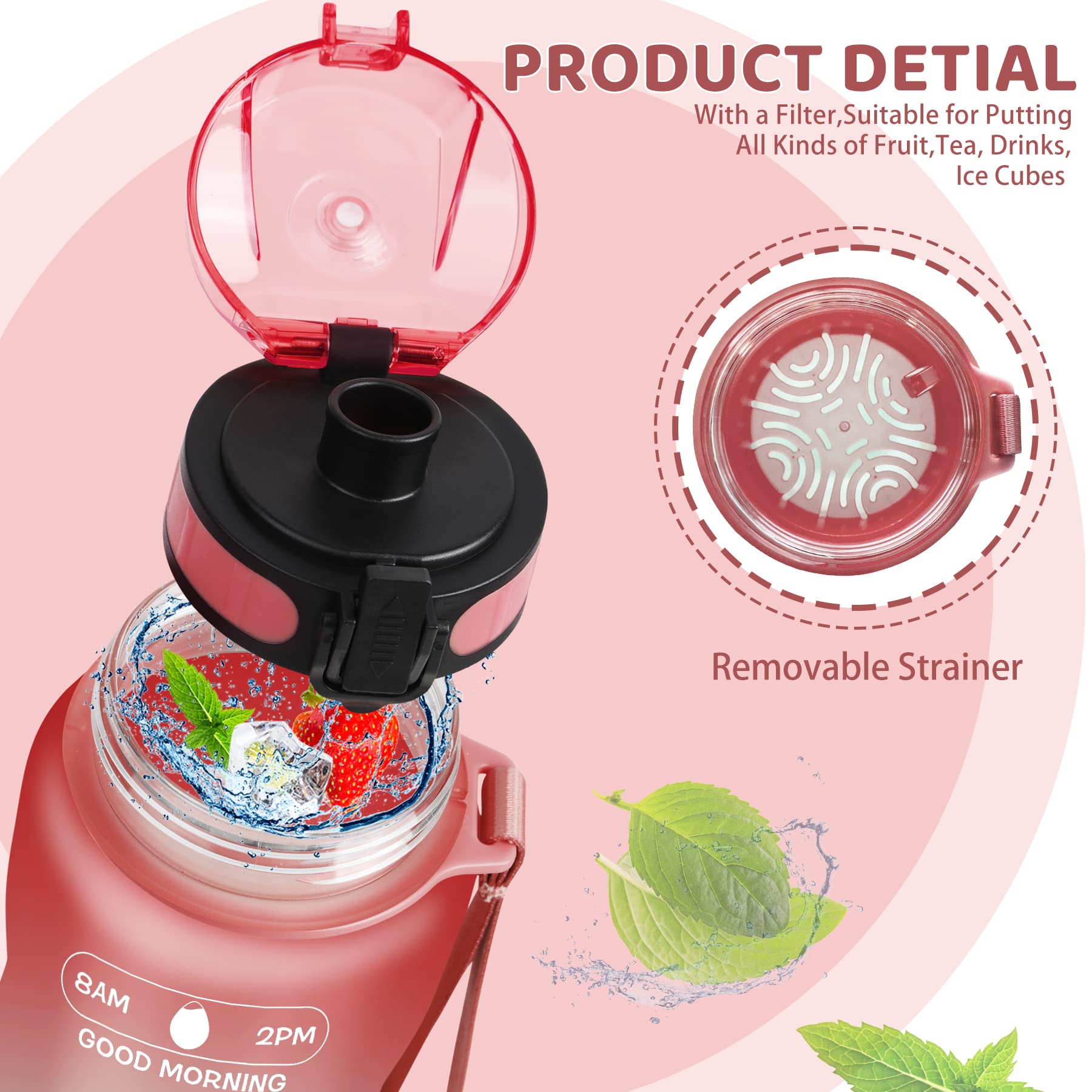 ZOMAKE 32oz Motivational Water Bottle with Times to Drink Time Marker & Removable Strainer Fast Flow Leakproof Tritan BPA Free Non-Toxic Water Jug for Fitness Gym Sports Rose Gold(Upgrade)