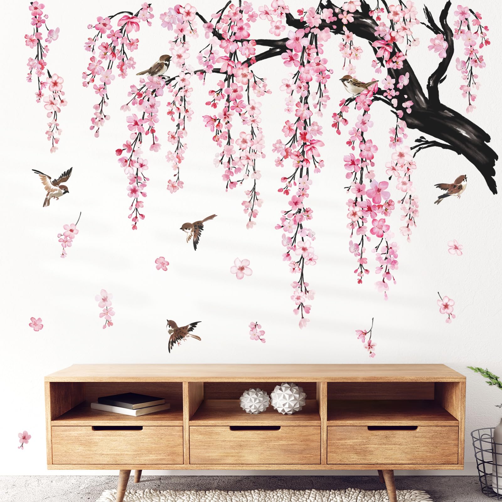 Wondever Large Flower Tree Branch Wall Stickers Pink Cherry Blossom Floral Birds Wall Art Decals For Living Room Bedroom Tv Wall