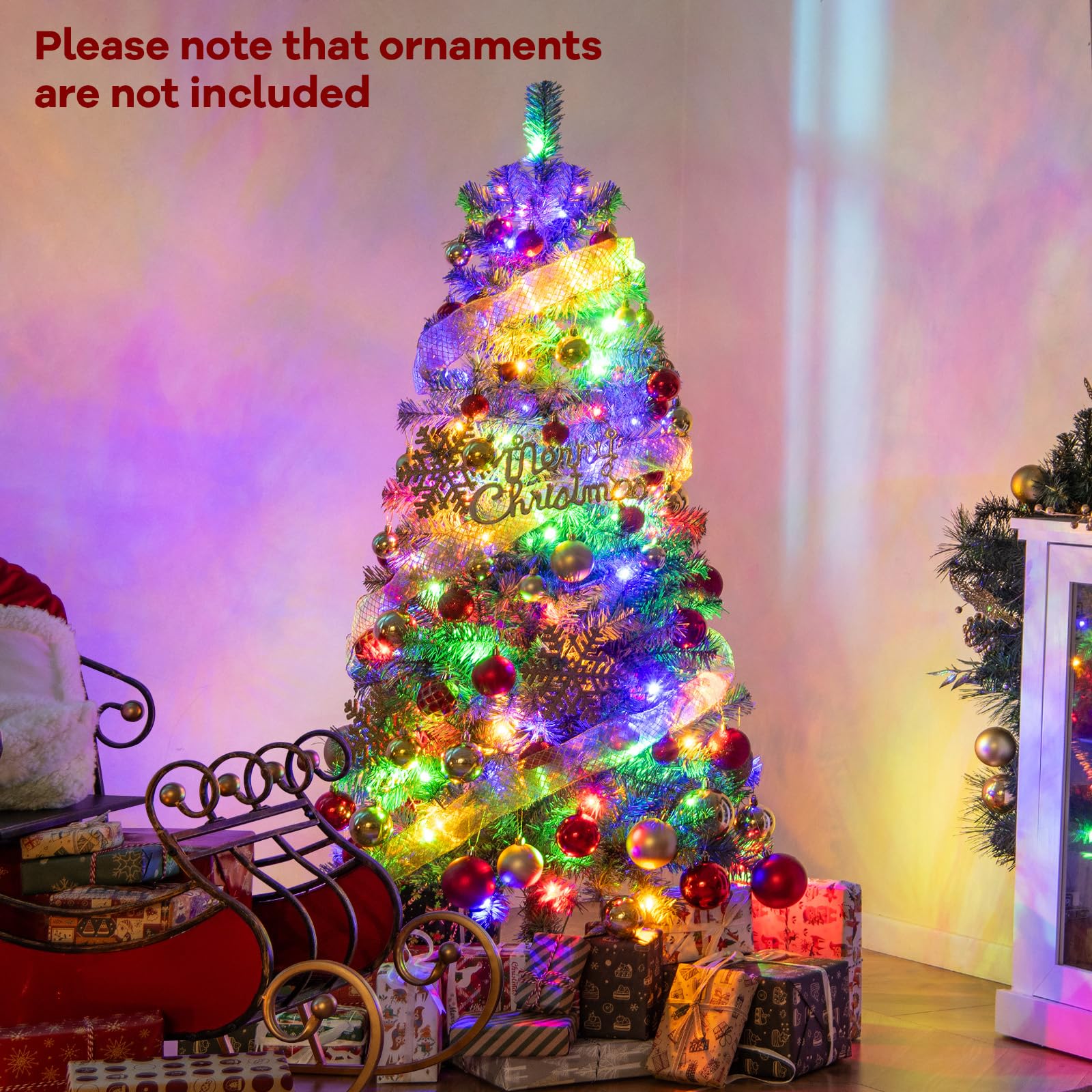 GOFLAME 4.5FT Pre-Lit Pencil Christmas Tree, Hinged Artificial Xmas Tree with 256 Branch Tips, 100 LED Lights, 9 Lighting Modes