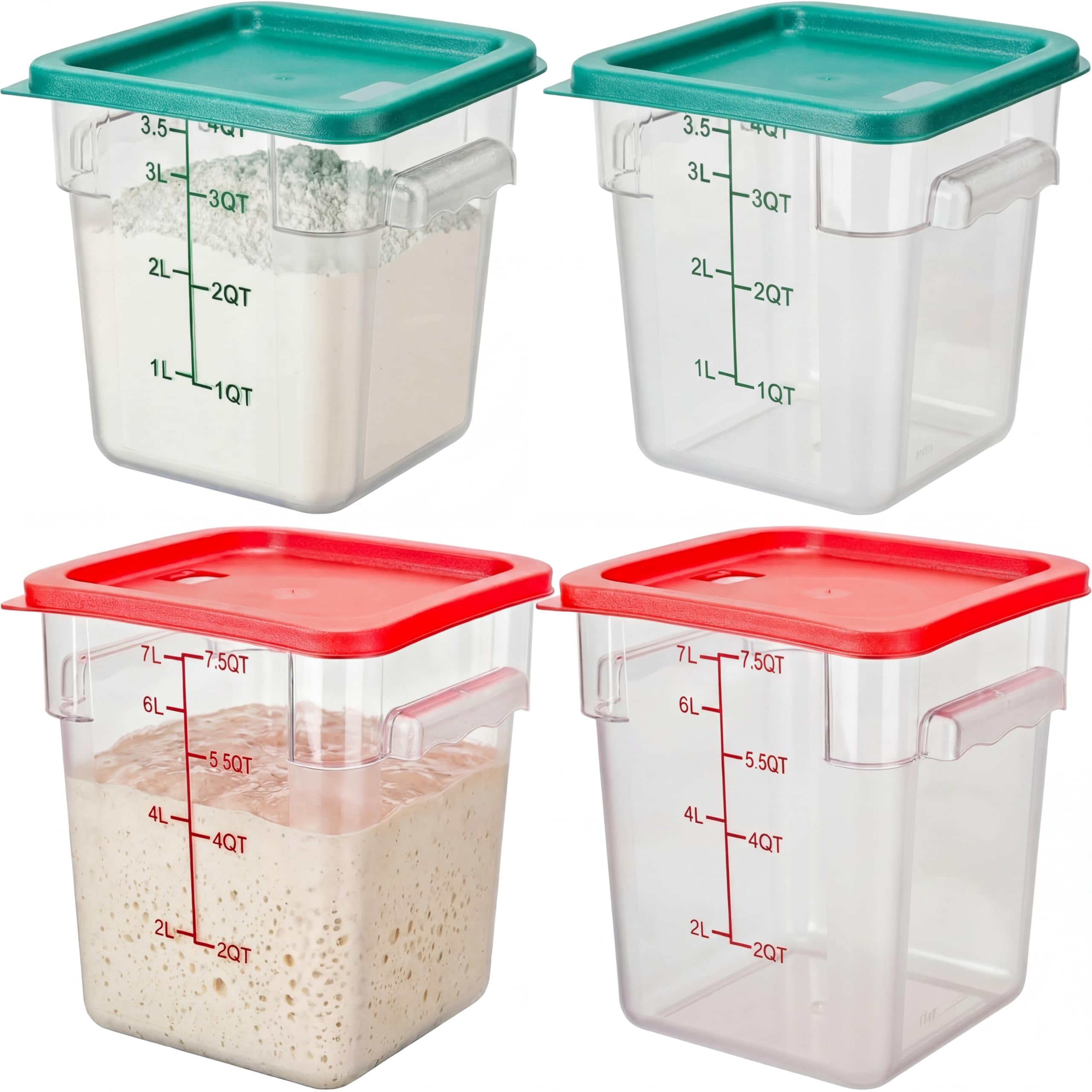 Lallisa 4 Pcs 8qt & 4qt Clear Food Storage Containers with Lids Handles and Scales, Stackable Plastic Square Food Storage Contai