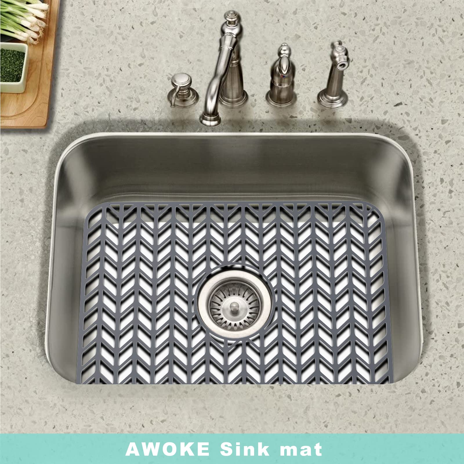 AWOKE Sink Protectors for Kitchen Sink  16.2''x 12.5'' Kitchen Sink Mats for Bottom of Kitchen Sink  Sink Inserts for Kitchen Sink of Stainless Steel Sink  Center Drain (Grey)