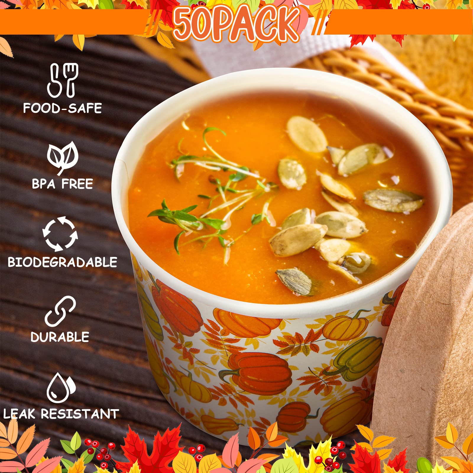 Potchen 50 Pack 9 oz Fall Soup Bowls Disposable Paper Cups Fall Themed Disposable Dessert Bowls Pumpkin Paper Snack Cups for Hot