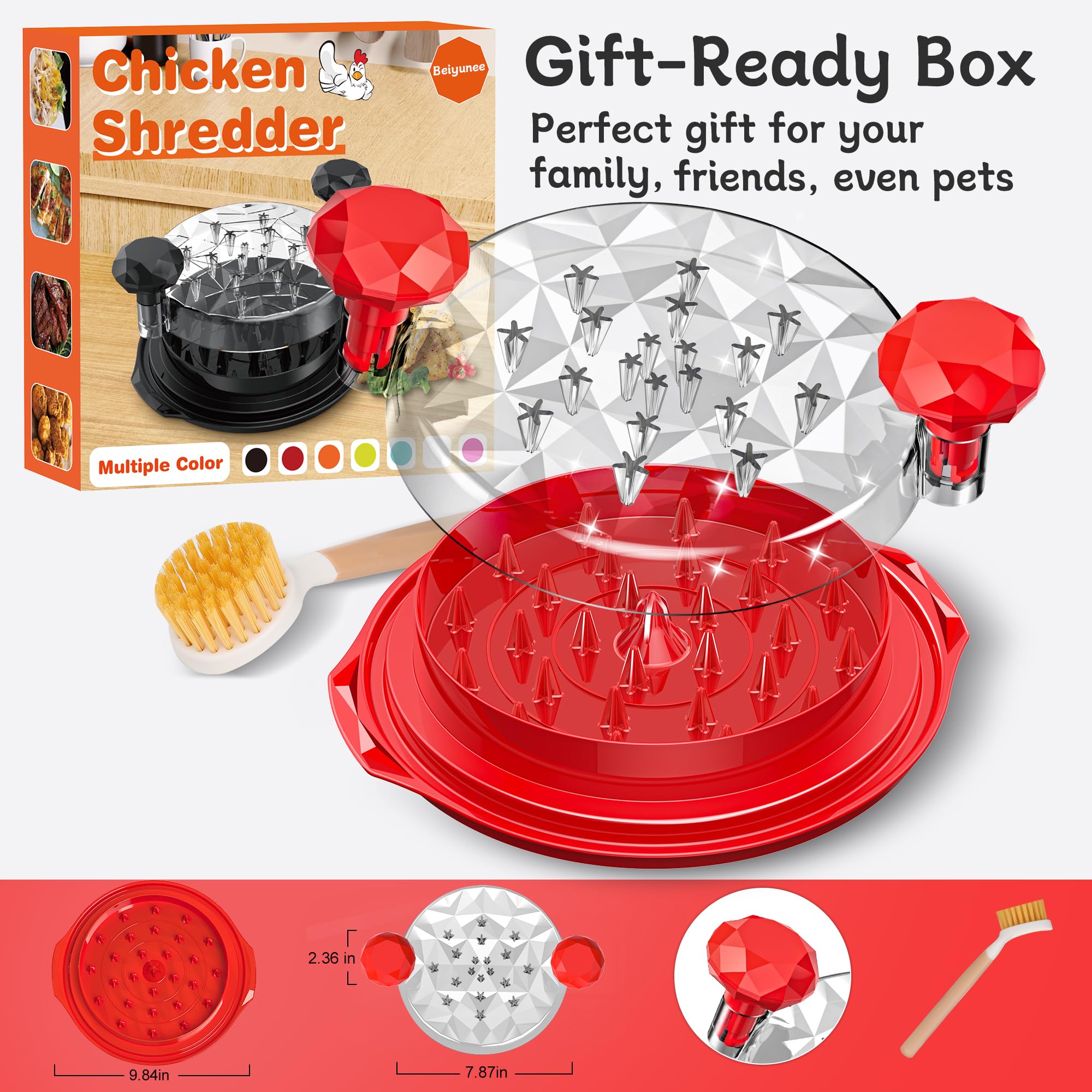 Chicken Shredder Tool Twist Large With Brush, 10'' Pro Visible Meat Shredder Machine, Strong Anti-Slip Base, Ergonomic Handle, B