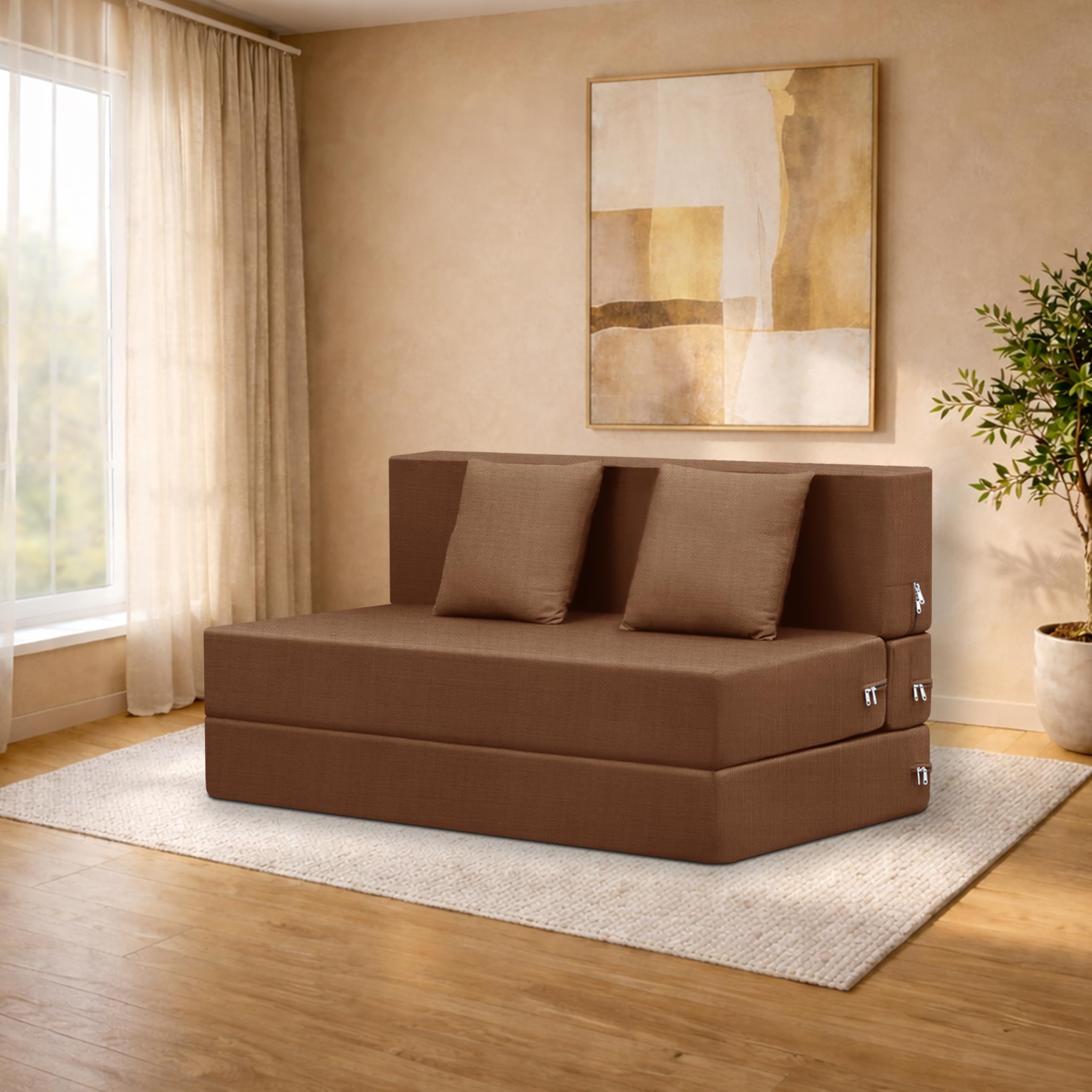 Deco Studio TwoSeater Sofa Cum Bed Foldable Sofa Cum Bed Washable & Zipper |Jute Finish Fabric  Brown | 4 X 6 Feet