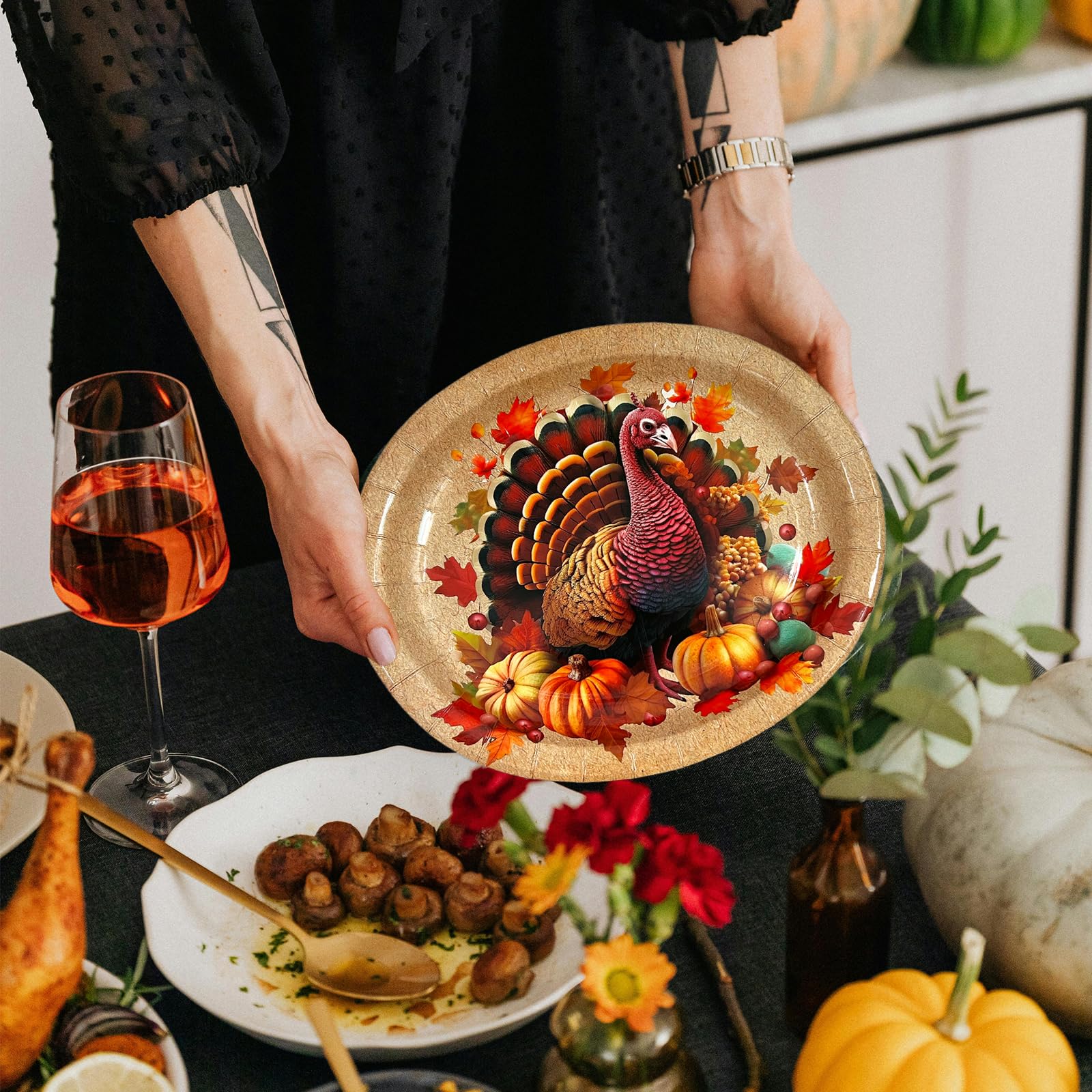 GLMFAD Thanksgiving Paper Plates Disposable Oval 24Pcs Large Turkey Thanksgiving Plates Table Decor 10 x 12 Fall Leaves Dinn