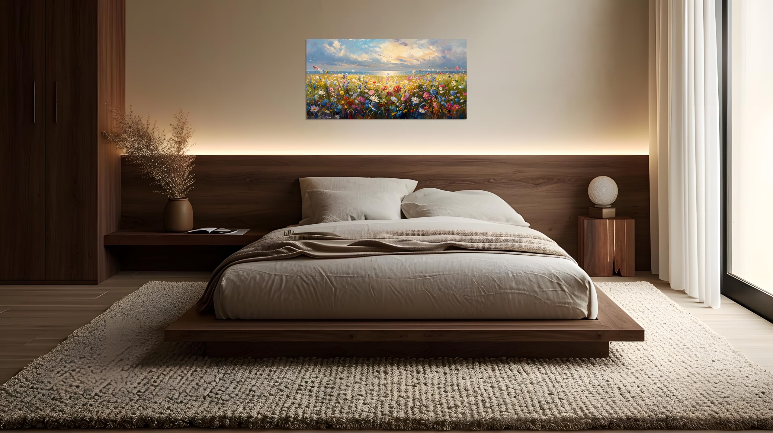 Tutubeer 1 Pcs Wildflower Field Artwork Rustic Wildflower Field At Beach Vintage Wall Art Canvas Prints Wild Flower Wall Art Rus