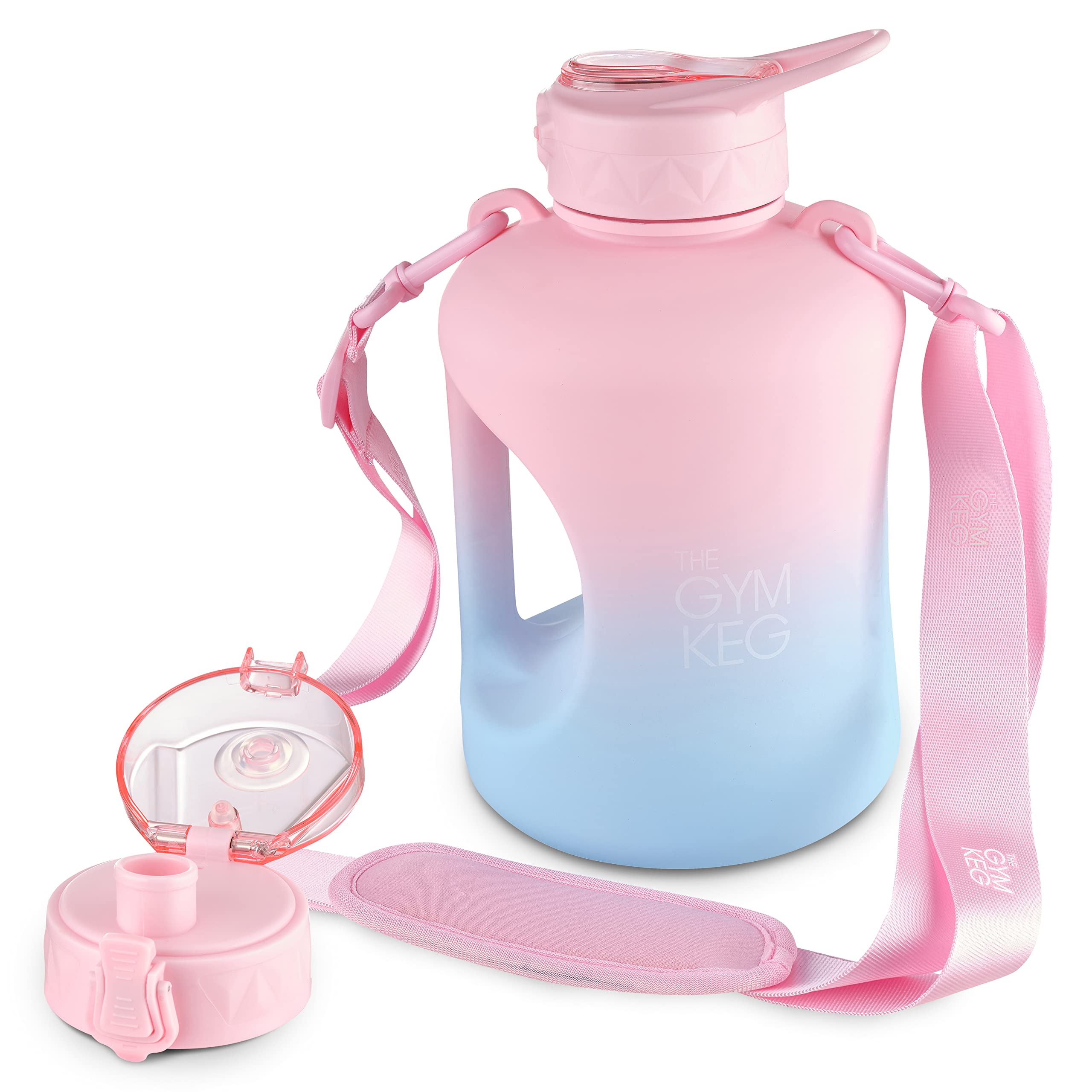 THE GYM KEG Half Gallon Water Bottle (74oz) | Gym Bottle with Straw Lid, Carry Strap Motivational Time Markings | Sport Water Bo