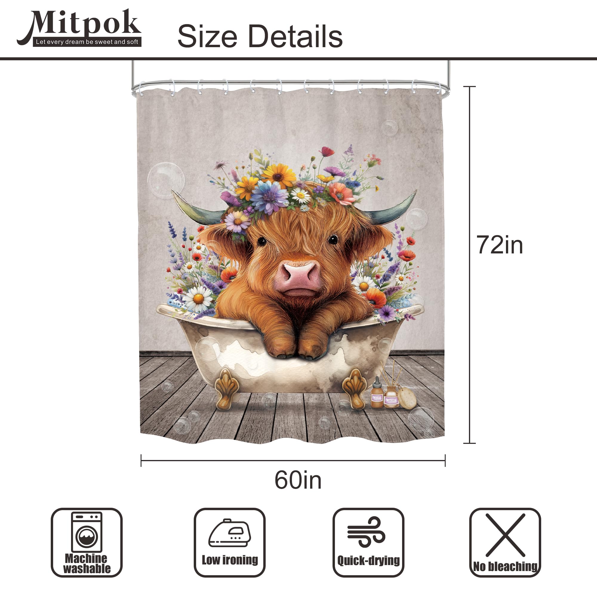 Mitpok Farmhouse Highland Cow Shower Curtain Cute Funny Rustic Floral Bull In Bath Vintage Spring Country Calf Farm Animal Wood
