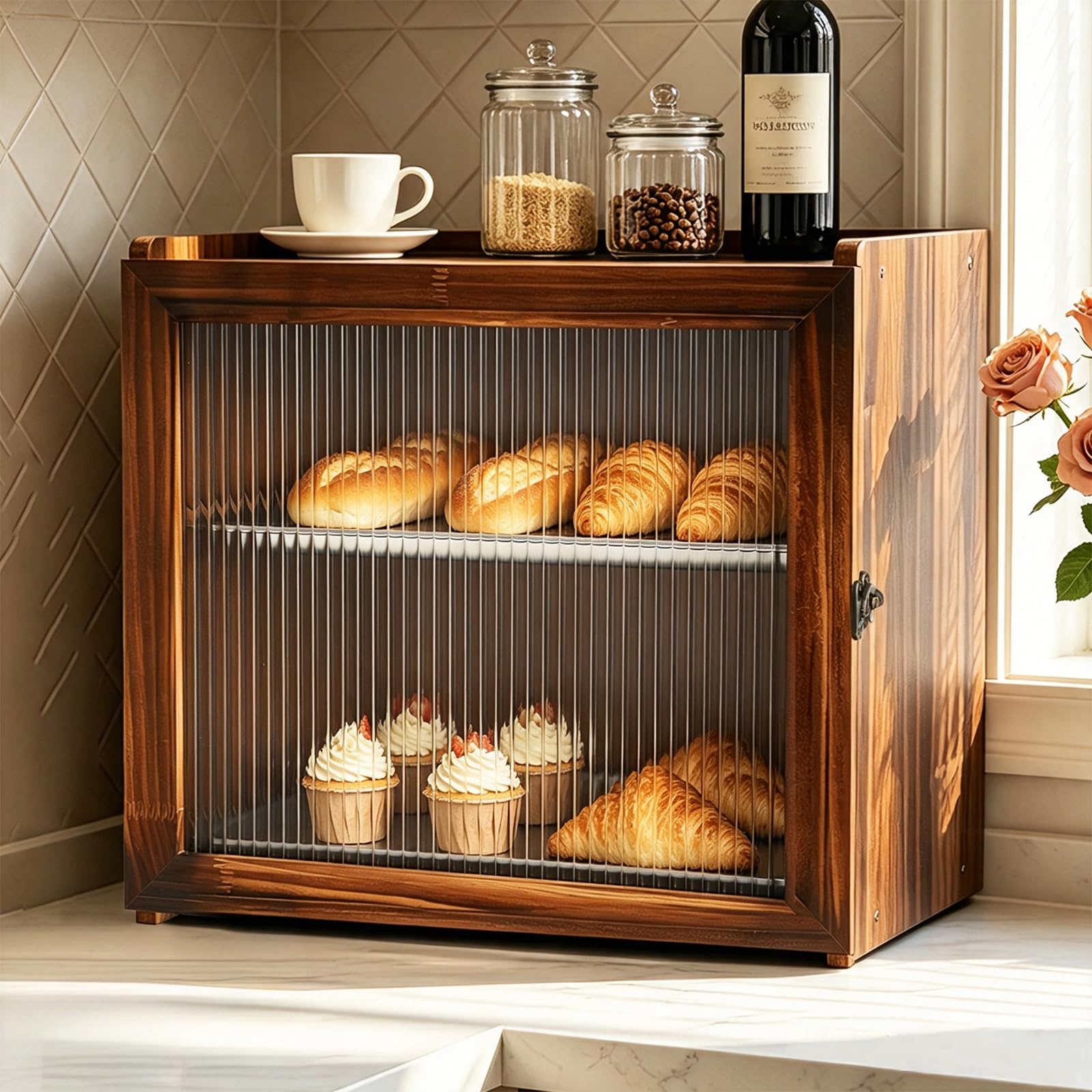 Vintage Bread Box for Kitchen Countertop, 2Layer Large Wooden Breadbox