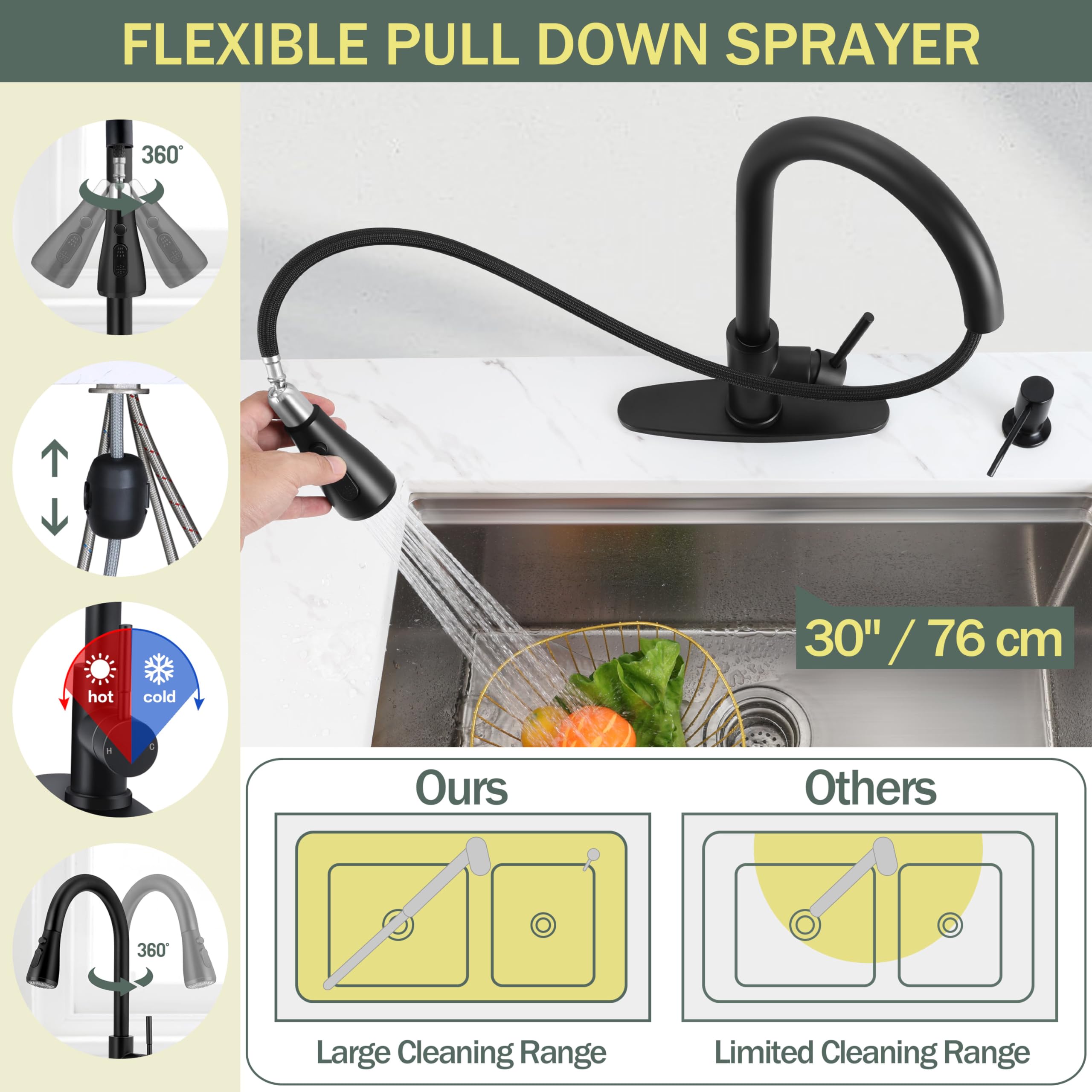 Herogo Black Kitchen Sink Faucet Set With Pull Down Sprayer And Soap Dispenser, Stainless Steel Rv Outdoor Kitchen Faucet For 1-