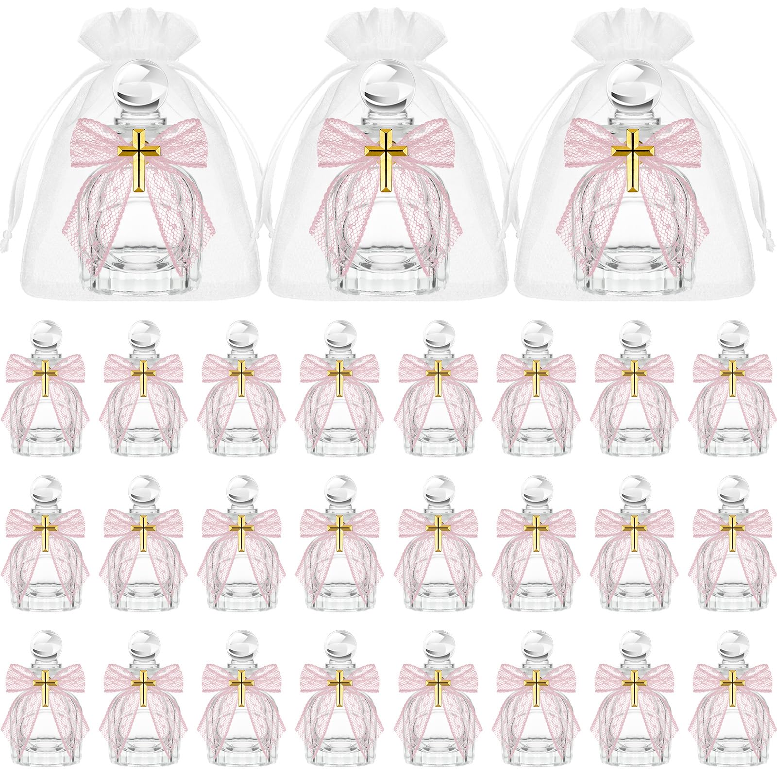 Newtay Holy Water Bottles Catholic Bulk Glass Baptism Favors for Guests Christian Water Container with Cross Organza Bags Bow fo