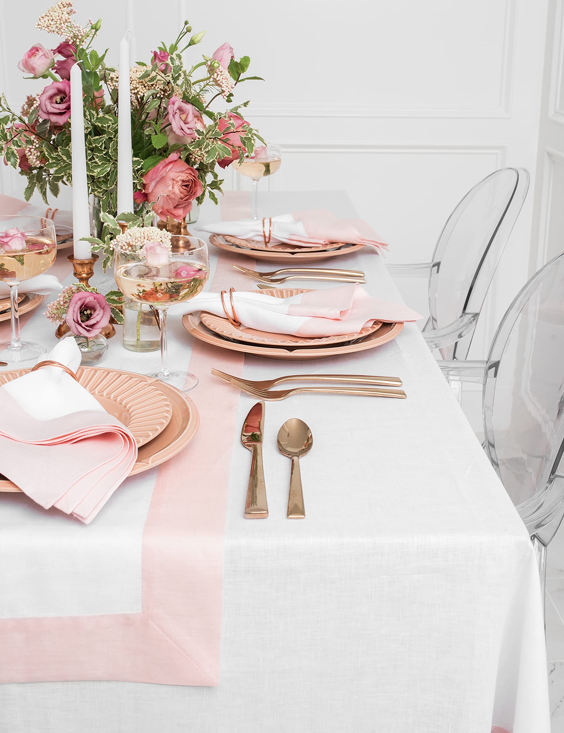 Solino Home Linen Table Runner 108 Inches Long - Contempo, 100% Pure Linen Blush Pink And White Table Runner 14 X 108 Inch Ideal