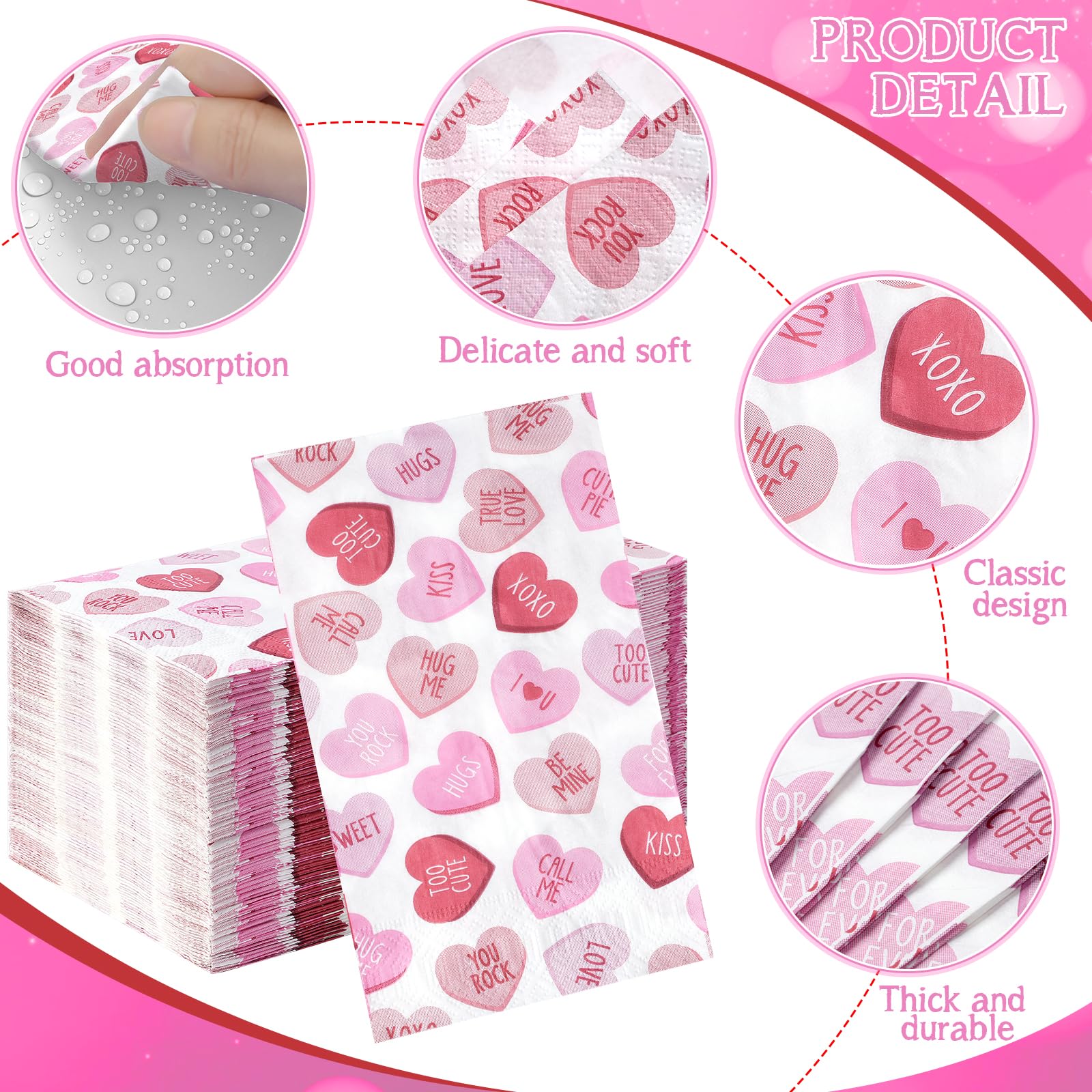 200Pcs Valentines Day Paper Napkins, Pink Disposable Love Heart Napkins, Valentines Decorative Paper Guest Towels For Valentines