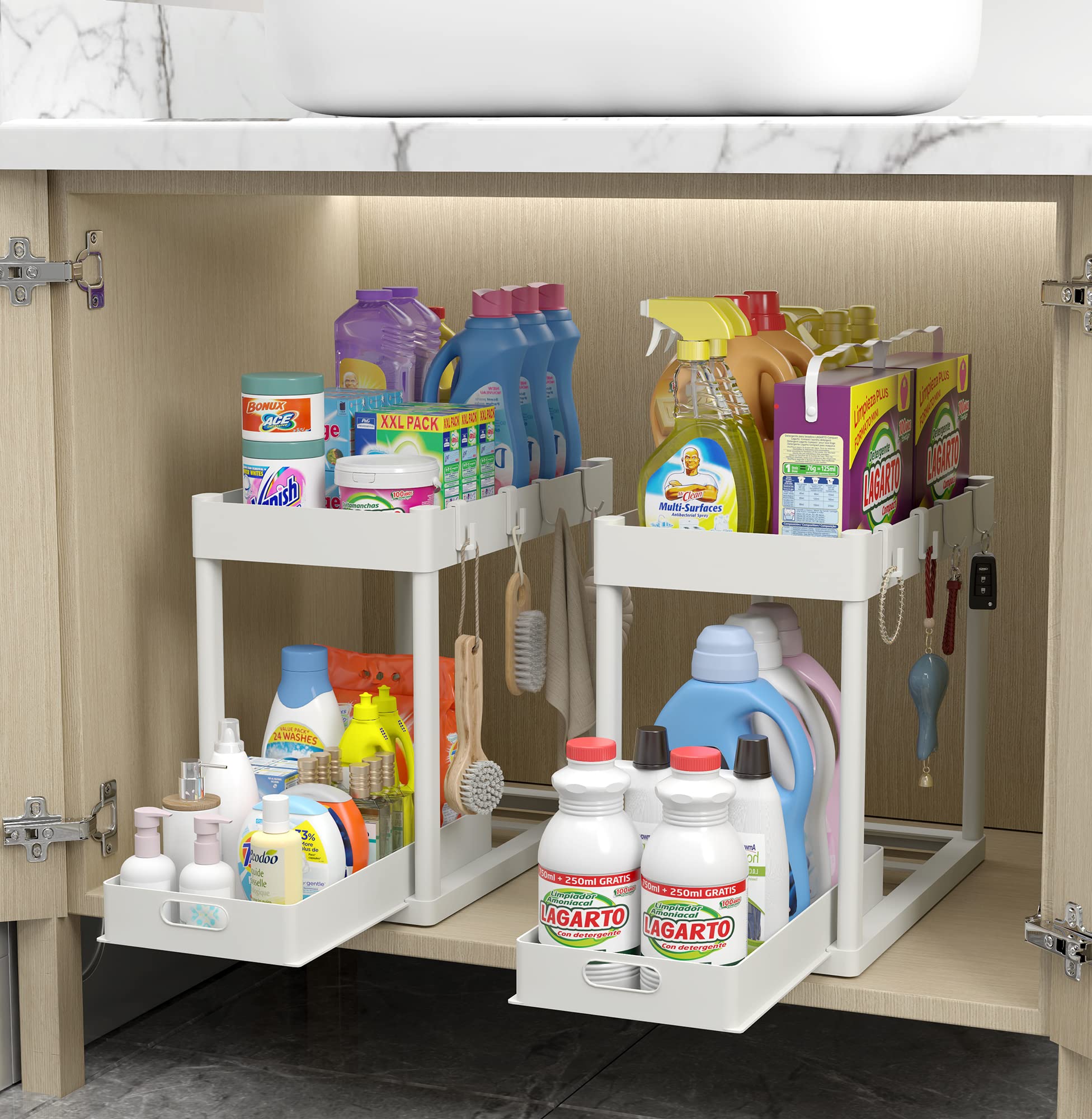 2Pcs Under Sink Organizer Kitchen Bathroom Storage Cabinet 2 Tier Sliding Drawer Counter Organization Shelf Storage Drawers Rack