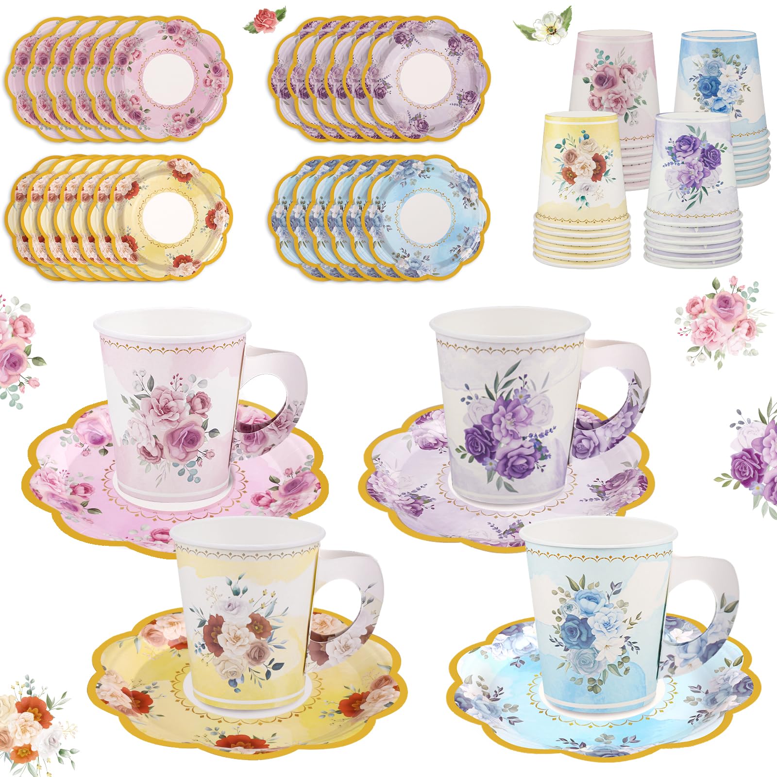 24 Sets Disposable Paper Tea Cups 7 OZ Floral Tea Party Cups with Handle and Plates Teacups and Saucer Sets for Baby Bridal Show