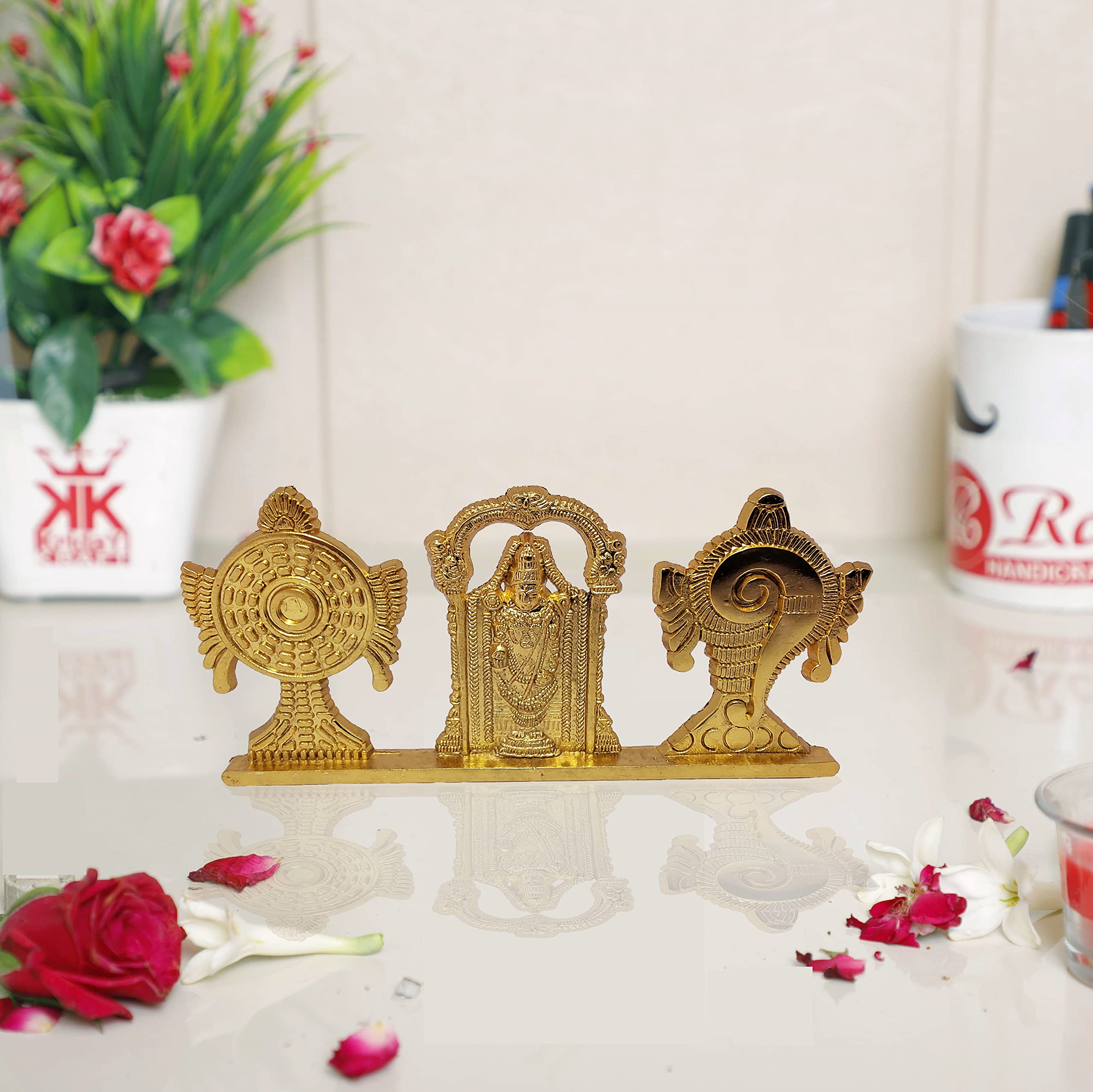 Kridaykraft Tirupati Balaji Symbol Stand Shankh Chakra With Balaji Statue Gold Plating Antique Decorative For Car Dashboard Home