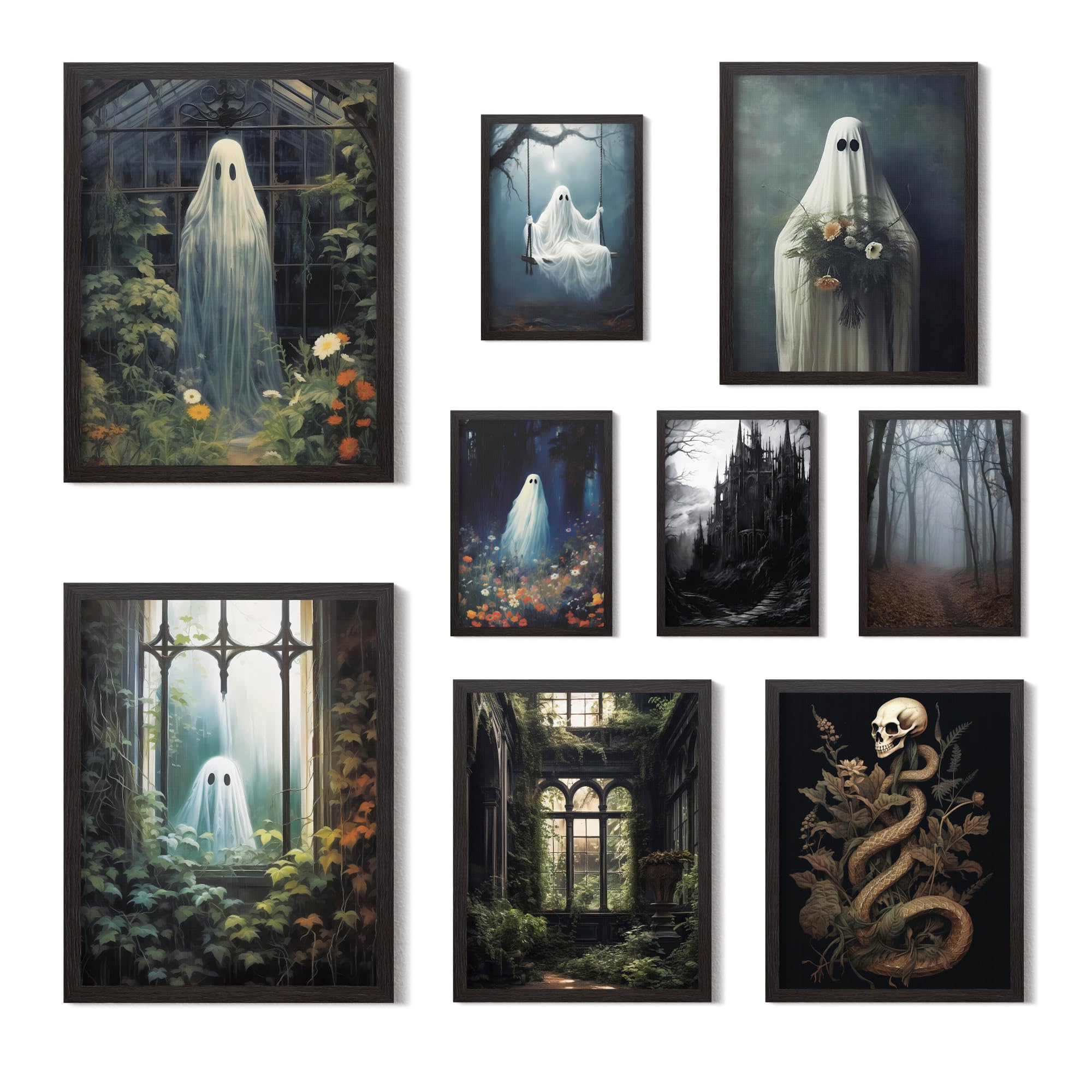 Putuo Decor Ghost Decor, 9Pcs Funny Ghost Prints Wall Art, Retro Floral Ghost Canvas Wall Decor, Dark Academia Room Decor, Creep