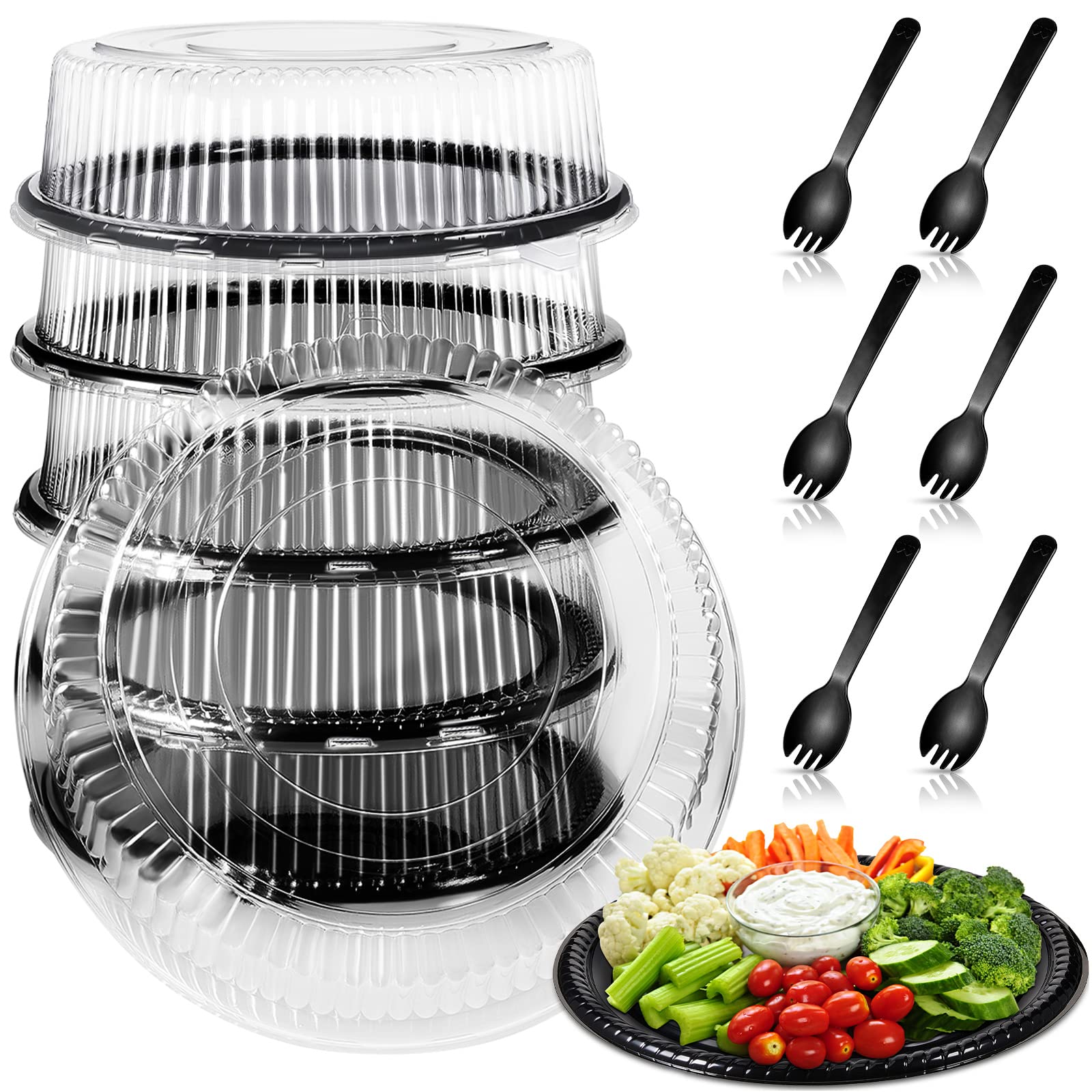 Tessco 6 Pack Heavy Duty Serving Tray With Clear Lid And Sporks, Large Plastic Tray With Elegant Platter Round Disposable For Sa