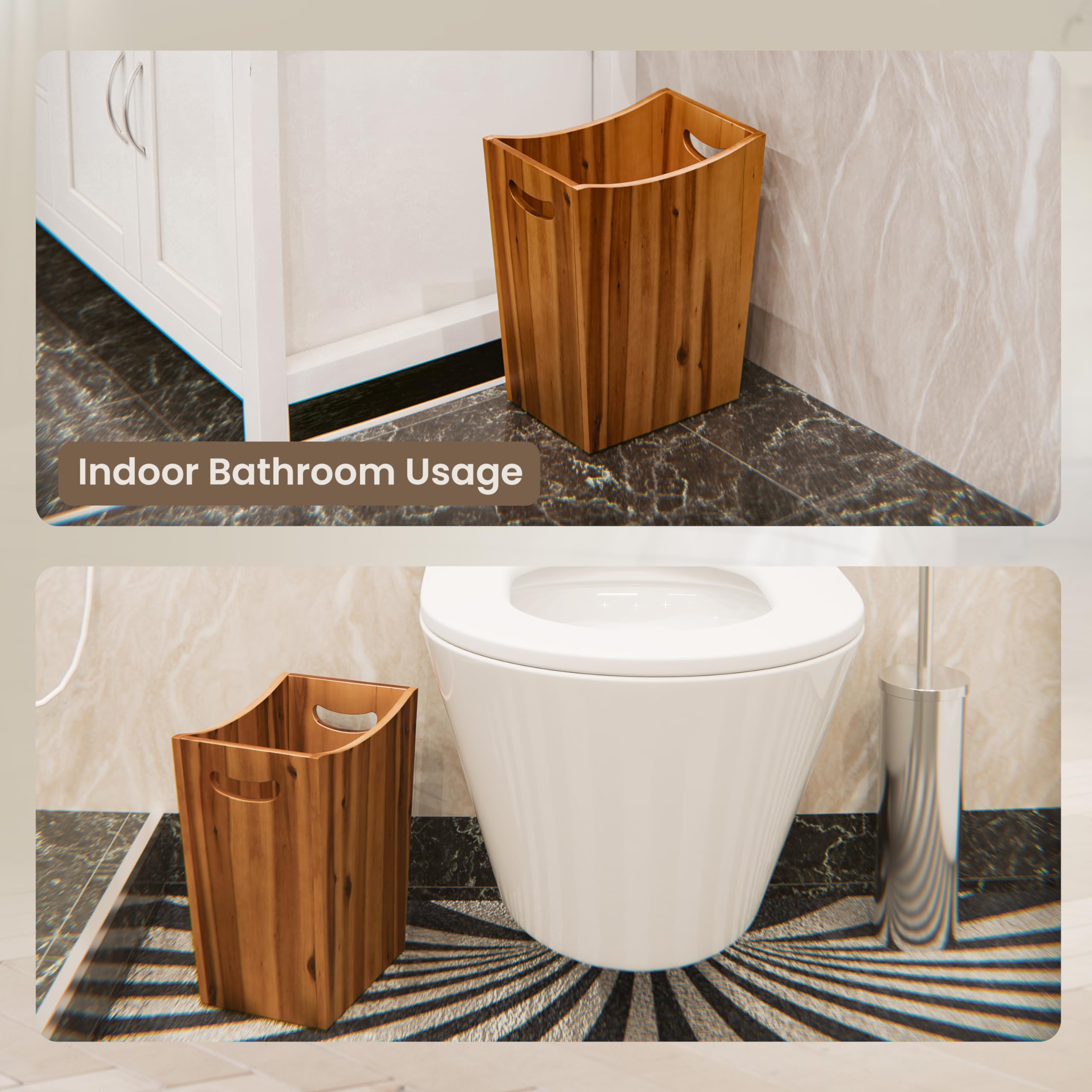 Tidita 2 Gallons Rectangular Wastebaskets - Acacia Wood Waste Basket With Handles - Small Trash Can For Bathroom - Brown Garbage