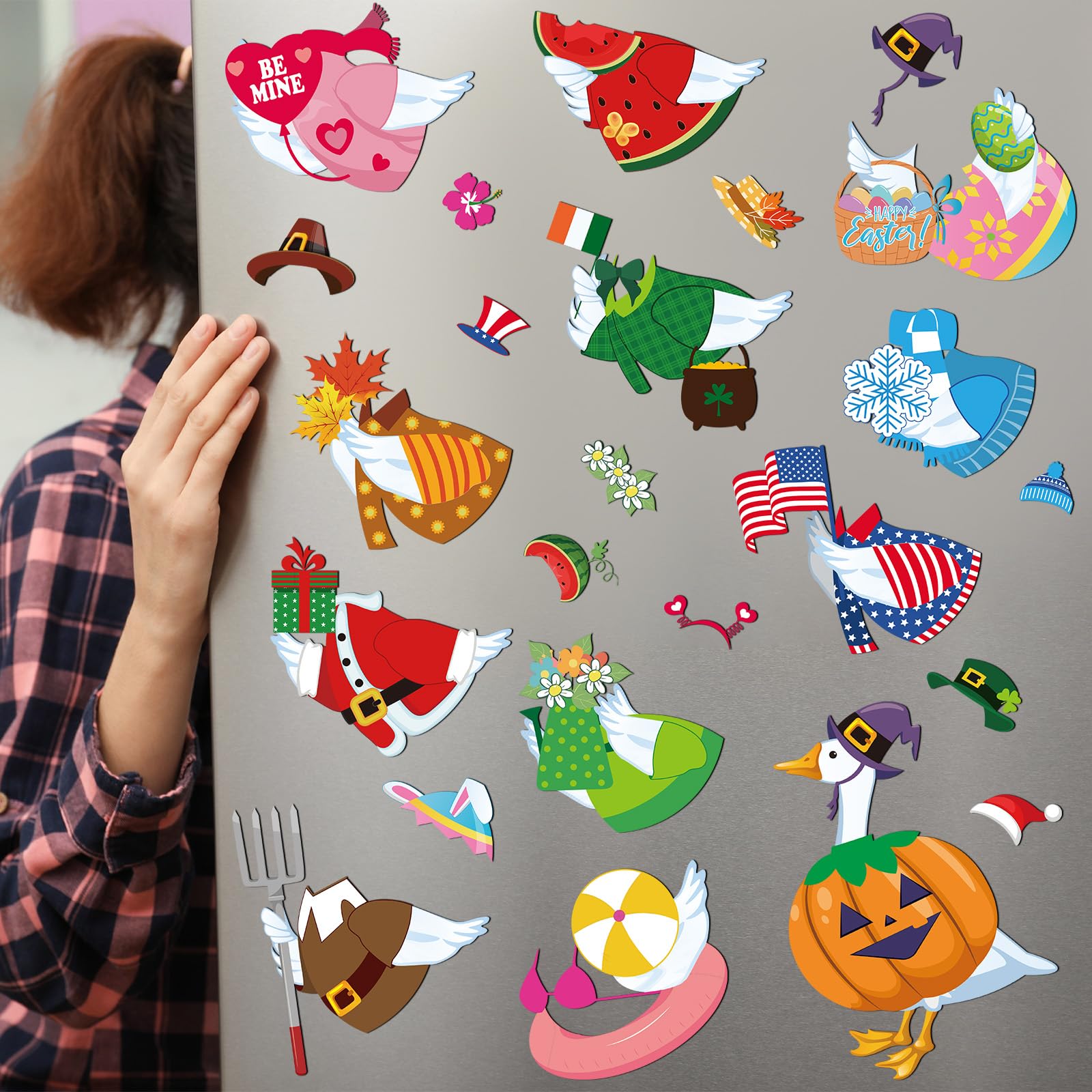 Fabbay 25 Pcs Festive Goose Costume Magnets Decoration Funny Holiday Magnetic Stickers Goose Magnet with 12 Sets Holiday Costume