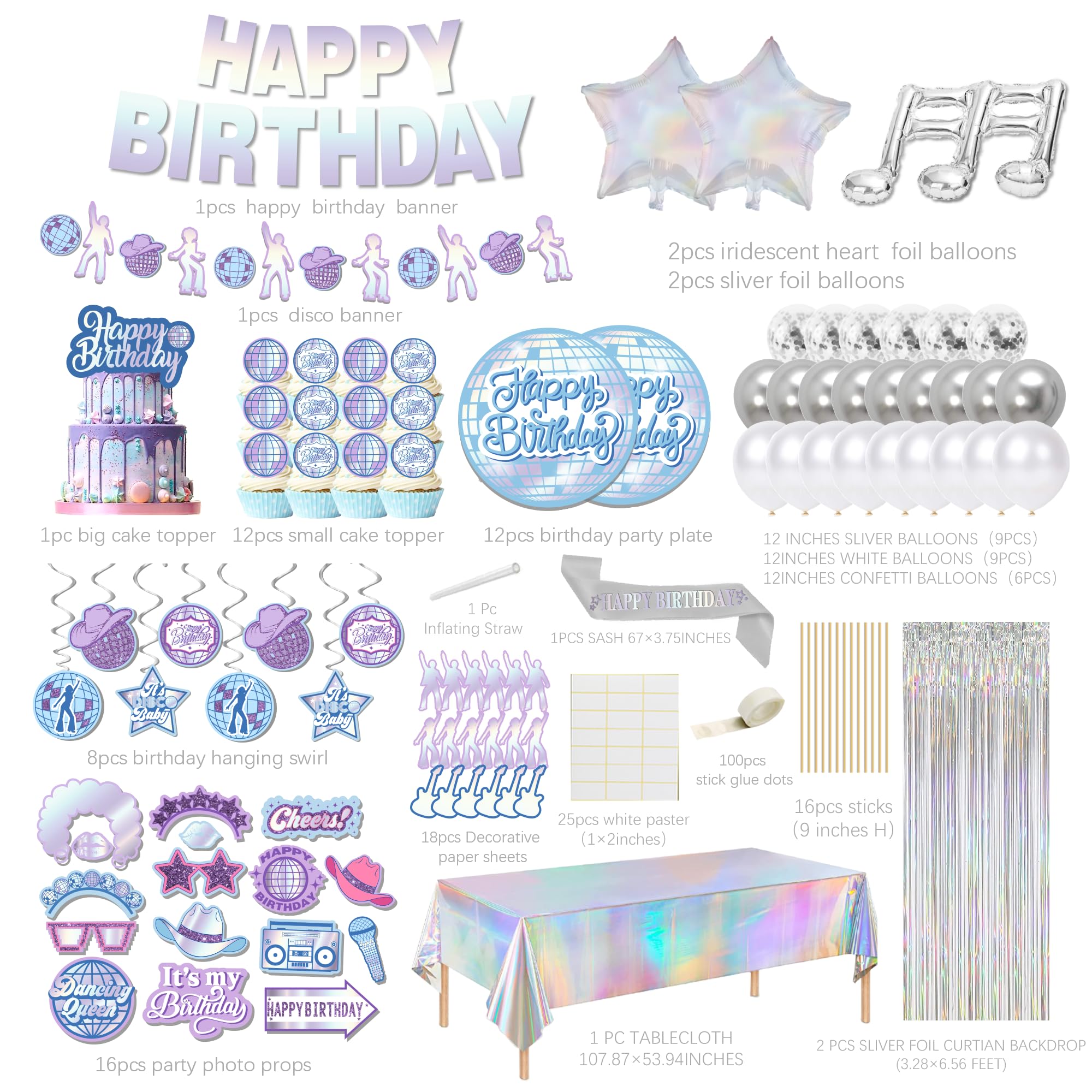 Jenmir, Iridescent Disco Birthday Party Decorations - (Total 110Pcs) Happy Birthday Banner, Party Supplies For Her, Balloons,Dis