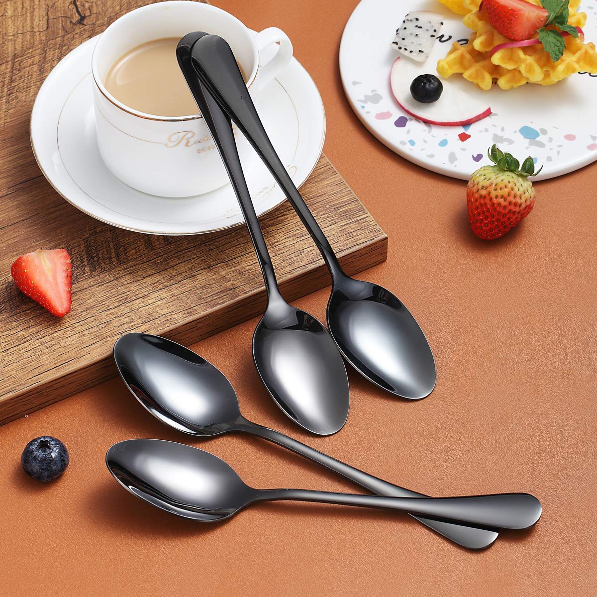 Black Dinner Spoon Of 4, Berglander 7.5'' Stainless Steel Titanium Plating Shiny Black Soup Spoons Silverware, Black Soup Spoon