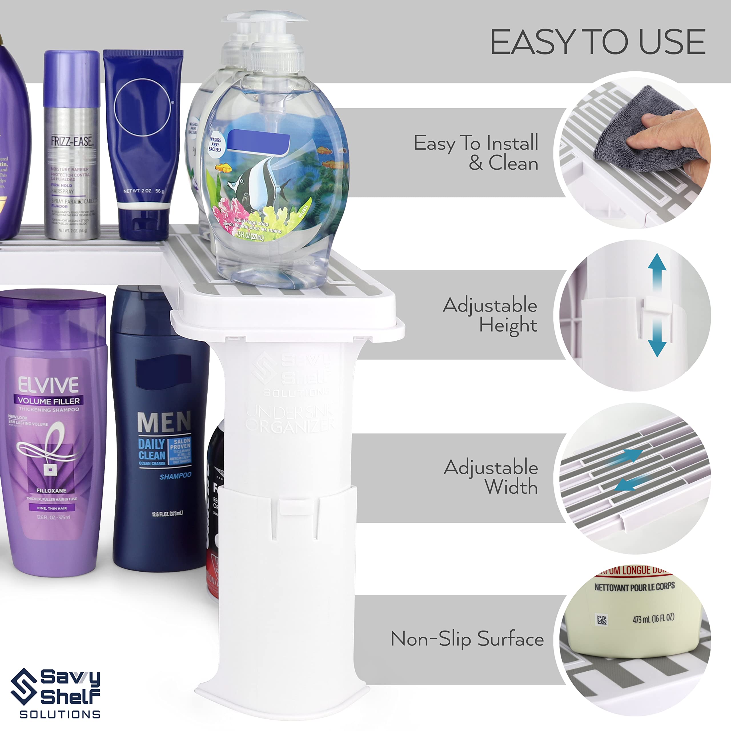 Spicy Shelf Expandable Under Sink Organizer - Plastic, White, 15.5"x2.5"x10", Model: SpicyShelf_09.10.20_2, Ideal for Bathroom