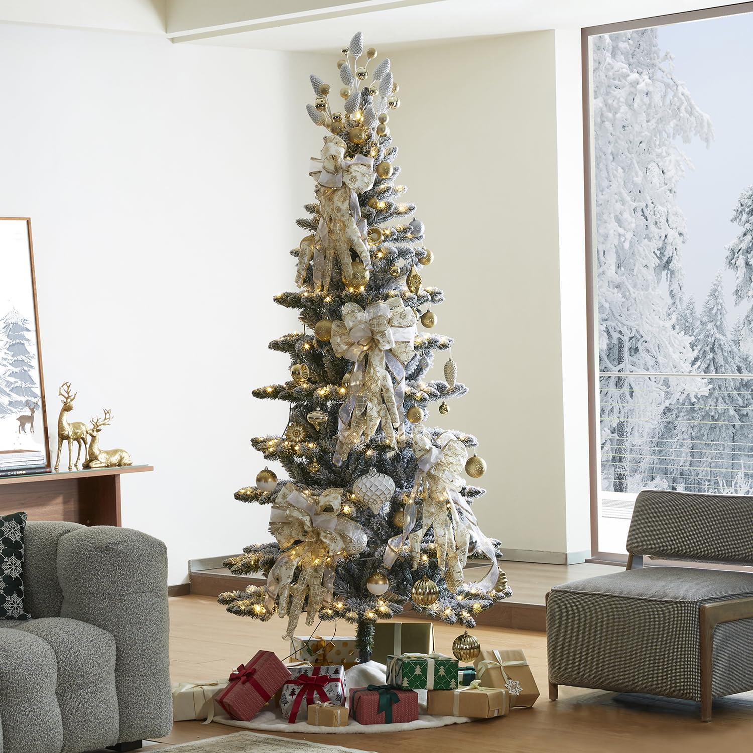 Glitzhome 9ft Pre-Lit Flocked Slim Artificial Christmas Tree Frostwood Spruce with 460 Warm White Lights and Sturdy Metal Stand 